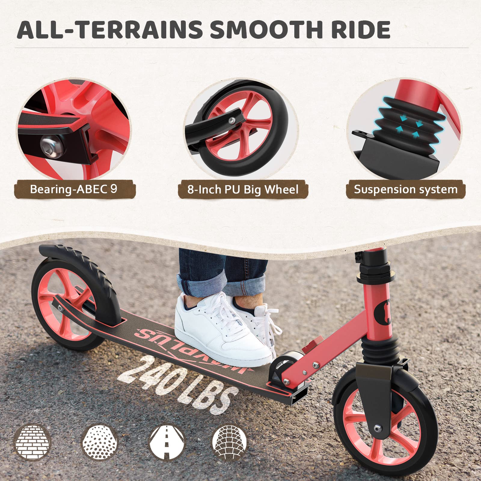 Kick Scooter for Ages 6+,Kid, Teens &amp; Adults. Max Load 240 LBS. Foldable, Lightweight, 8IN Big Wheels for Kids, Teen and Adults, 4 Adjustable Levels. Bearing ABEC9