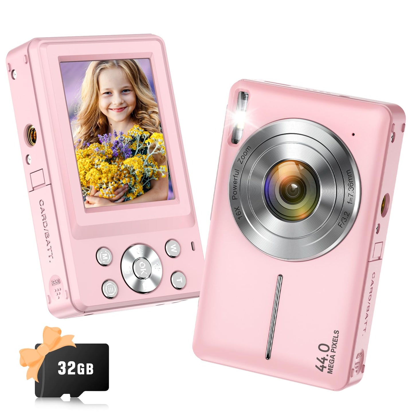 Digital Camera, 2024 Upgraded FHD 1080P Digital Camera for Kids with 16X Zoom, Flashlight, 32GB Card, 44MP Point and Shoot Camera Compact Small Selfie Camera for Girls, Boys, Teens, Students,Pink