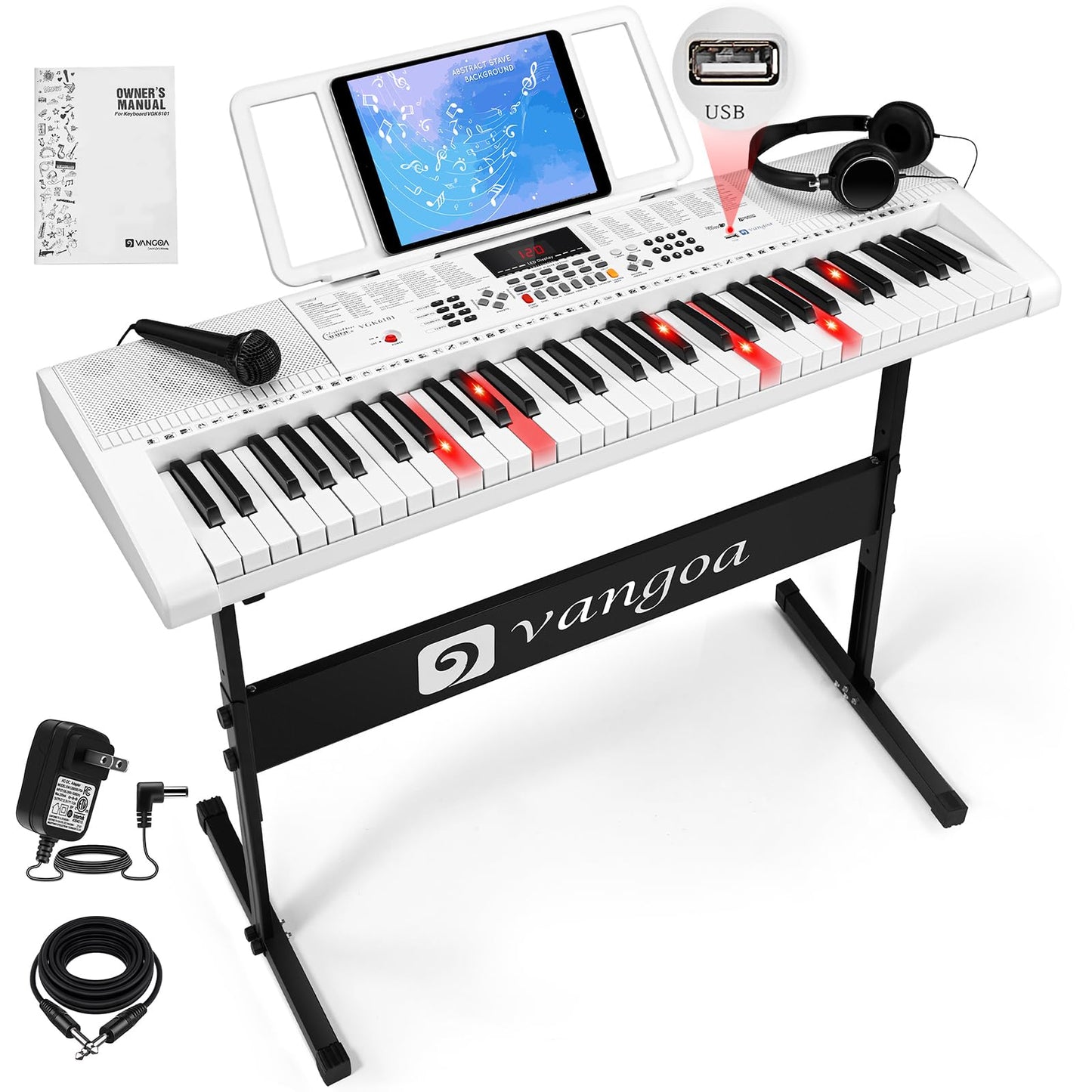 Vangoa 61-Key Light-Up Keyboard Piano for Beginners, 350 Tones &amp; Timbres, 3 Teaching Modes, With Microphone, Black