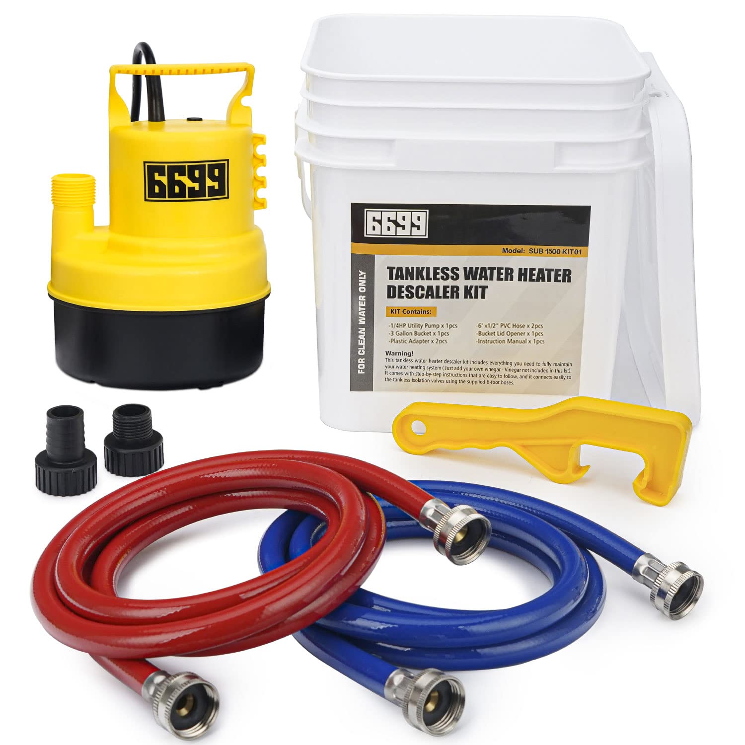 Tankless Water Heater Flushing Kit Includes 1/6HP Submersible Sump Pump with Two Adapters &amp; 3 Gallons Pail with Bucket Lid Opener &amp; Two 1/2” Dia X 6’ PVC Hoses with Washers