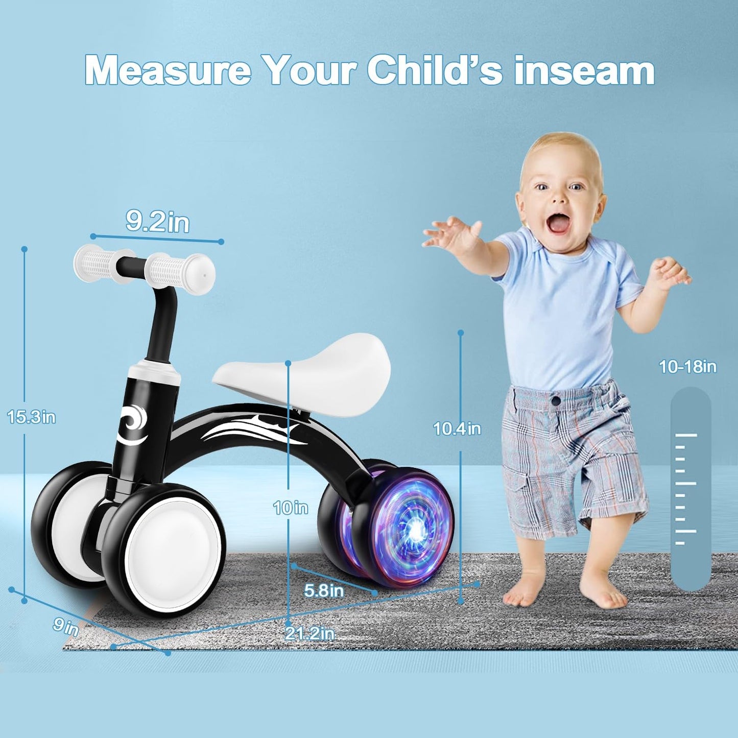 Colorful Lighting Baby Balance Bike Toys for 1 Year Old Boy Gifts, 10-36 Month Toddler Balance Bike, No Pedal 4 Silence Wheels&amp;Soft Seat First Riding on Toys, One Year Old Boy Birthday Gifts.