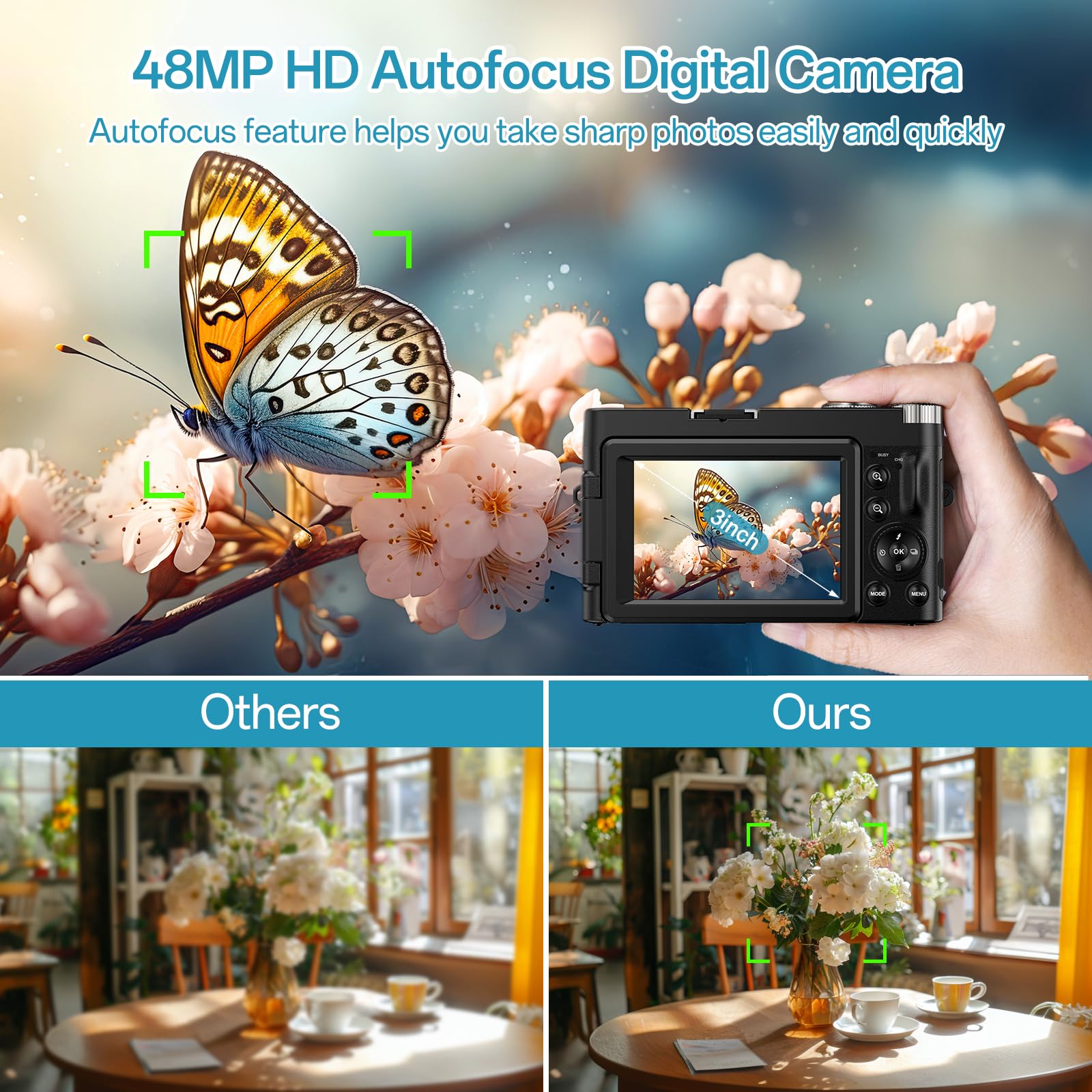 4K Digital Camera for Photography Autofocus 48MP Vlogging Camera for YouTube with SD Card 16X Digital Zoom Compact Camera, 3 Inch 180°Flip Screen, Flash, Anti-Shake, 2 Batteries