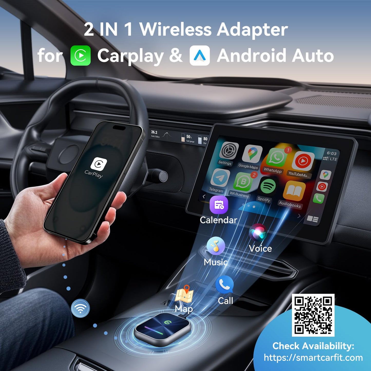 Wireless CarPlay Adapter 2024 Upgraded, 2 in 1 Wireless CarPlay &amp; Android Auto Adapter Converts Factory Wired CarPlay to Wireless, Plug and Play Car Play Wireless Adapter, Compatible iPhone/Android