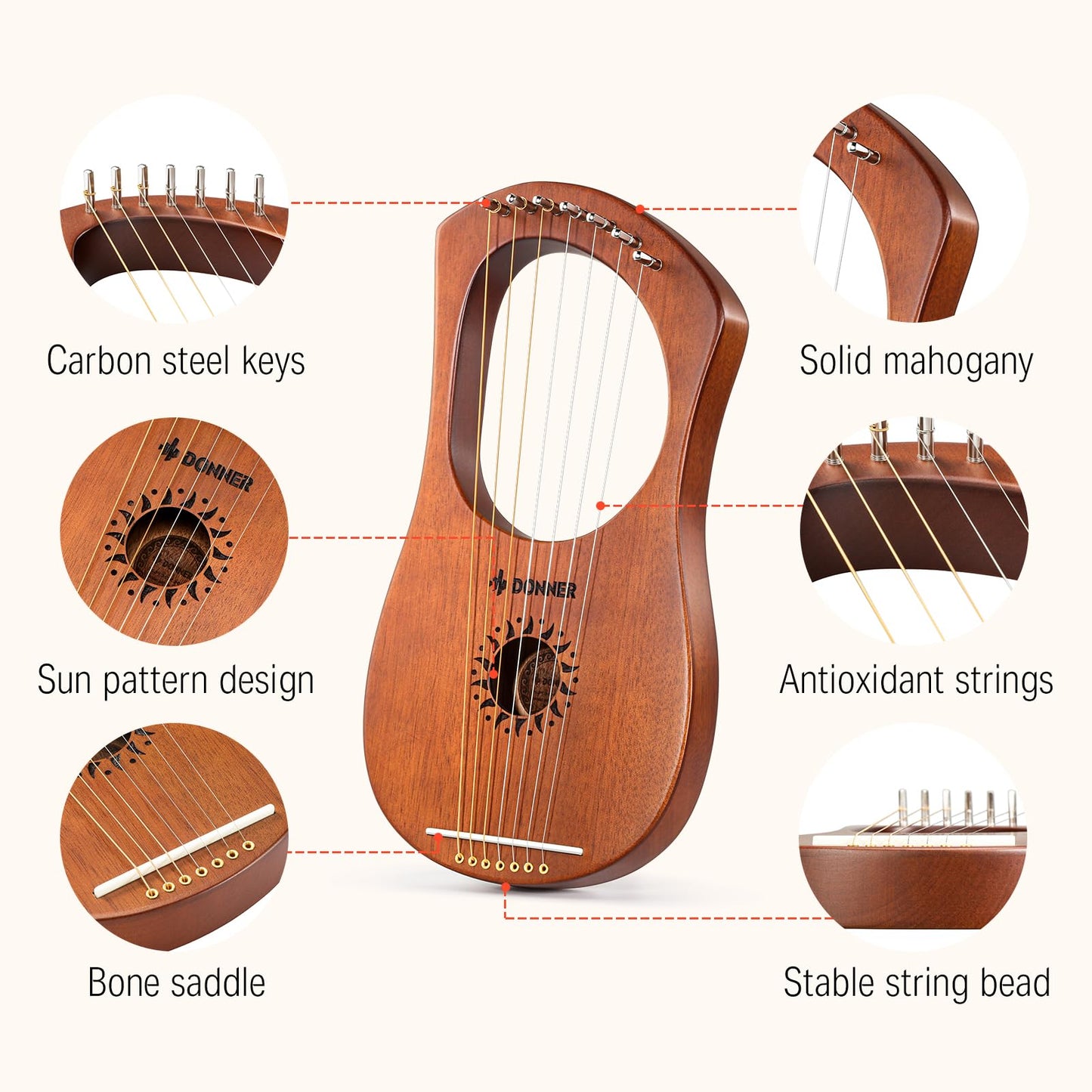 Donner Lyre Harp, 7 Metal Strings, Mahogany Body and Bone Saddle DLH-001 Lyre Harp for Beginner Kids with Tuning Wrench, Spare String Set, Black Gig Bag, Manual, Ancient Greece Style