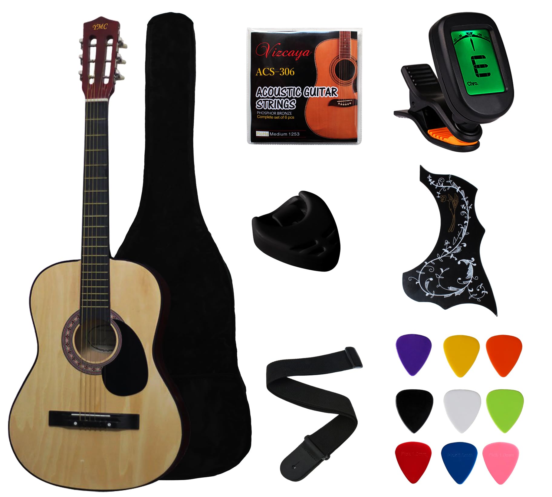 YMC 38" Black Beginner Acoustic Guitar Starter Package Student Guitar with Gig Bag,Strap, 3 thickness 9 picks,2 Pickguards,Pick Holder, Extra Strings, Electronic Tuner -Black