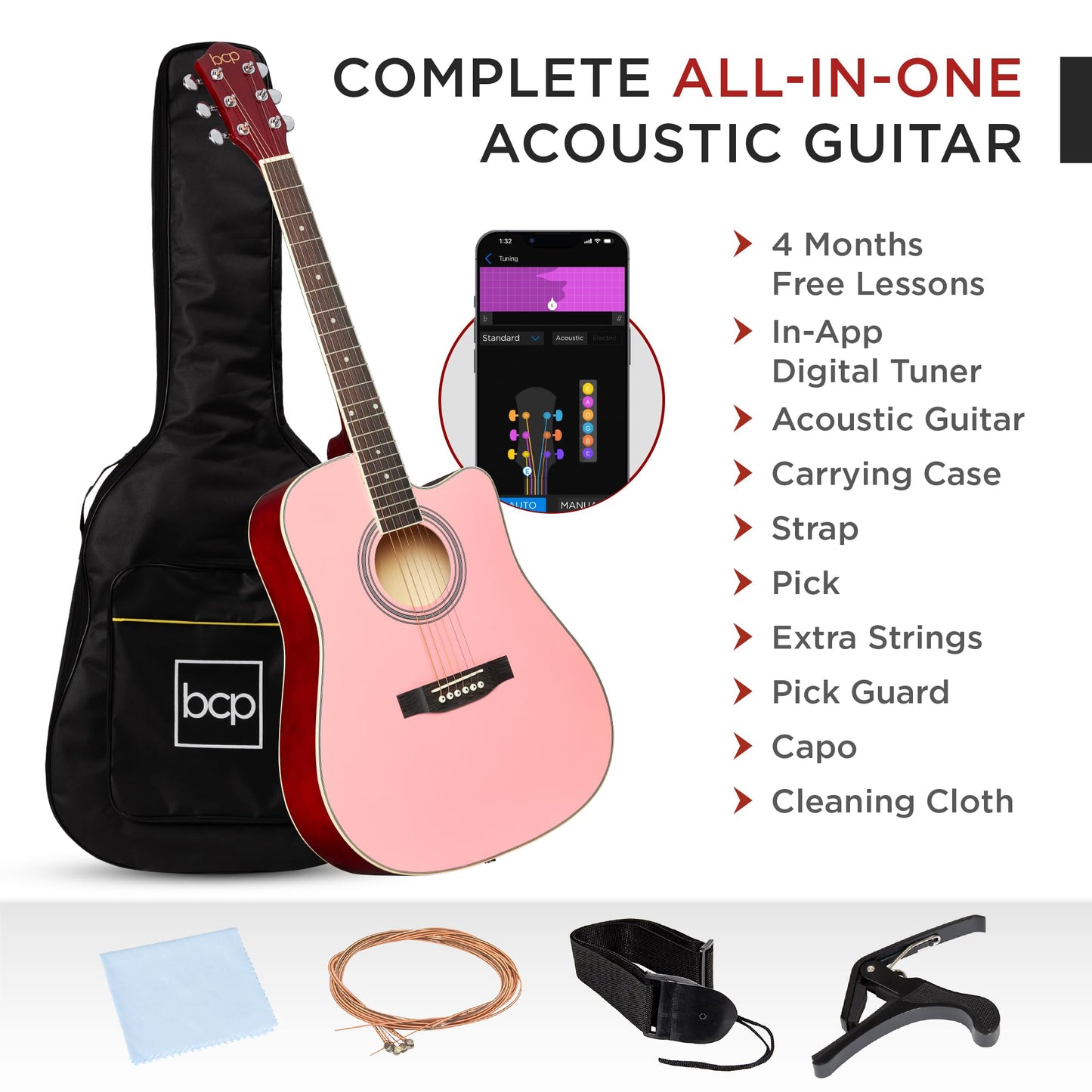 Best Choice Products 41in Beginner Acoustic Guitar Full Size All Wood Cutaway Guitar Starter Set w/Case, Strap, Capo, Strings, Picks - Aged Natural