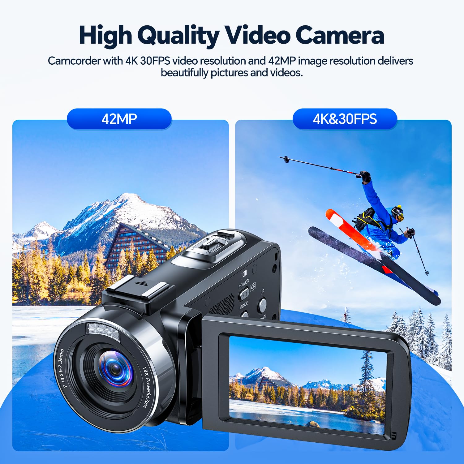 4K Video Camera Camcorder 42MP YouTube Vlogging Camera 18X Digital Zoom Webcam 3.0 Inch 270 Degree Rotation Screen Camcorders with 32G SD Card and 2 Batteries Recording While Charging