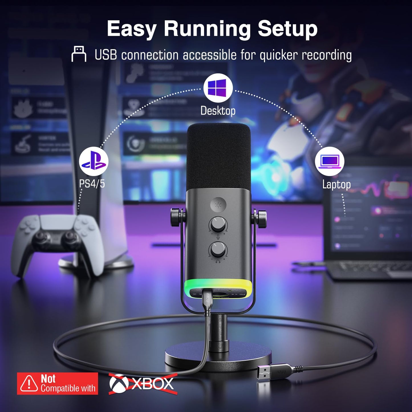 FIFINE USB/XLR Dynamic Microphone for Podcast Recording, PC Computer Gaming Streaming Mic with RGB Light, Mute Button, Headphones Jack, Desktop Stand, Vocal Mic for Singing YouTube-AmpliGame AM8