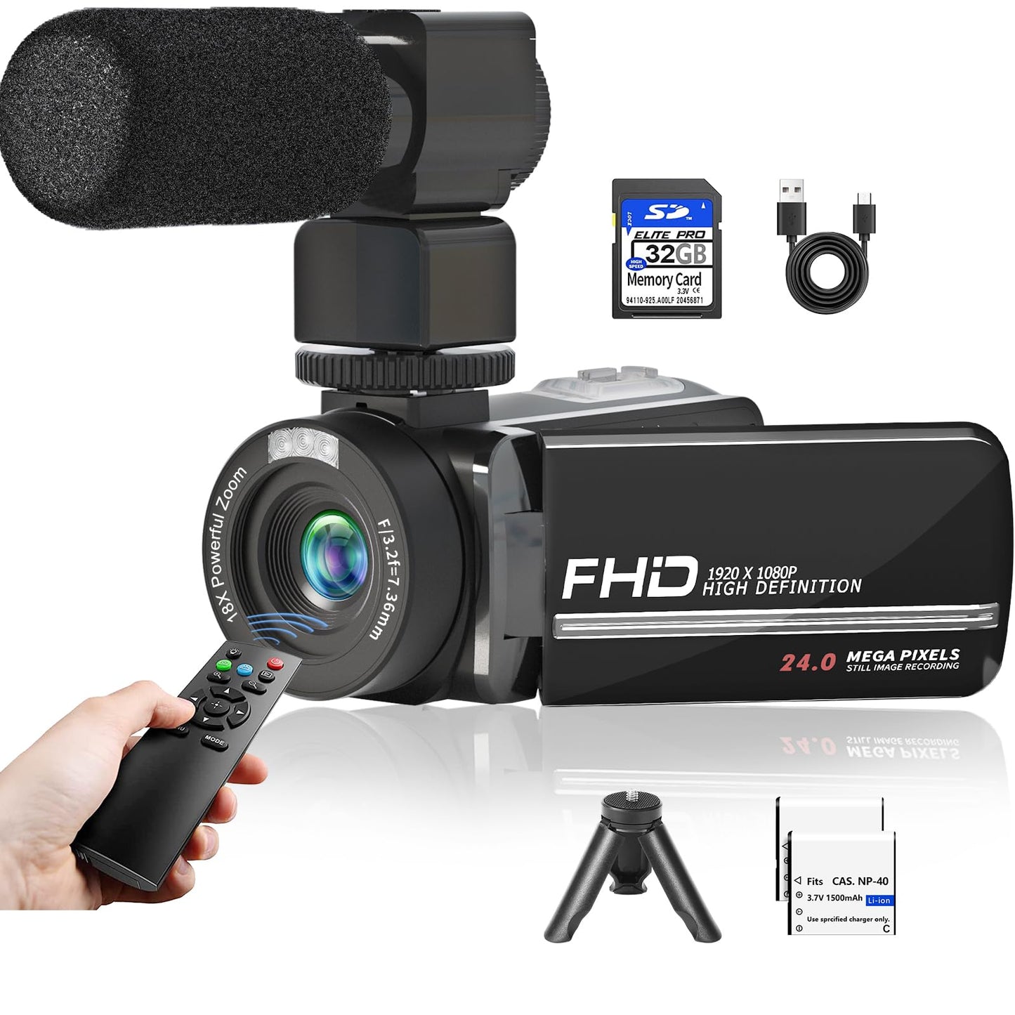 Video Camera, Full HD 1080P Camcorder 48MP YouTube Vlogging Camera Recorder 3.0 Inch 270° Rotation Screen 18X Digital Zoom with Remote Control, Microphone, Mini Tripod, 2 Battries, 32GB SD Card