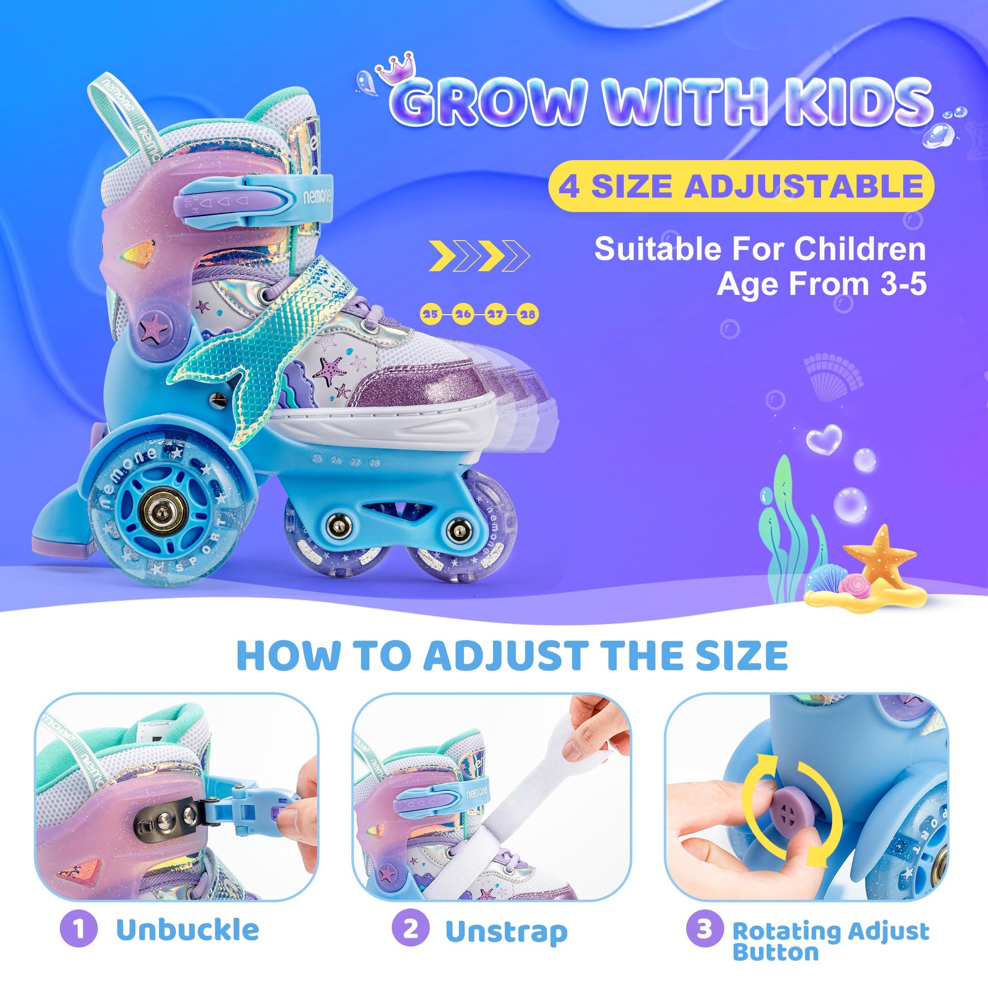 NEMONE Mermaid 4 Size Adjustable Light up Roller Skates for Girls, Purple Blue Skates for Toddlers, Beginner Kids Roller Skates Indoor Outdoor