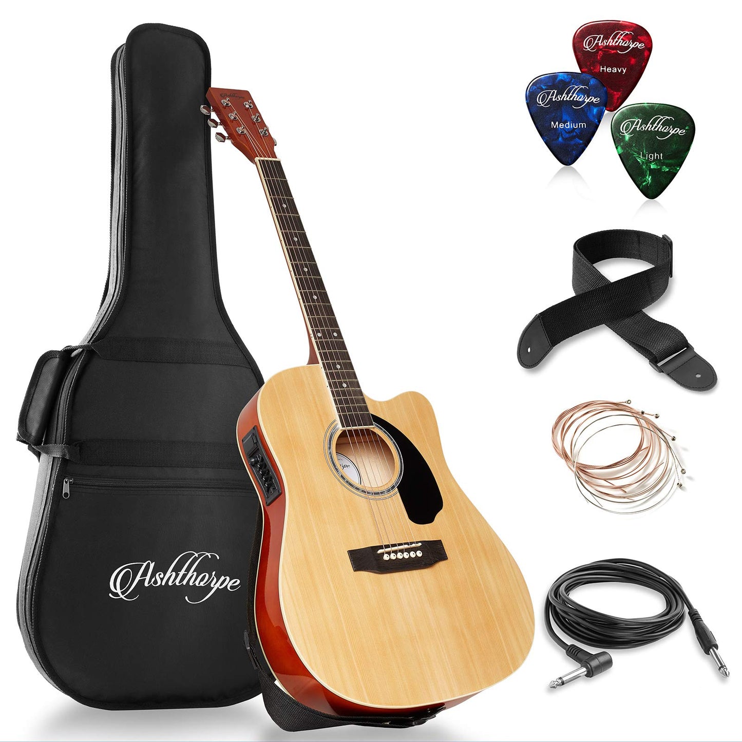 Ashthorpe Full-Size Cutaway Thinline Acoustic-Electric Guitar Package - Premium Tonewoods - Black