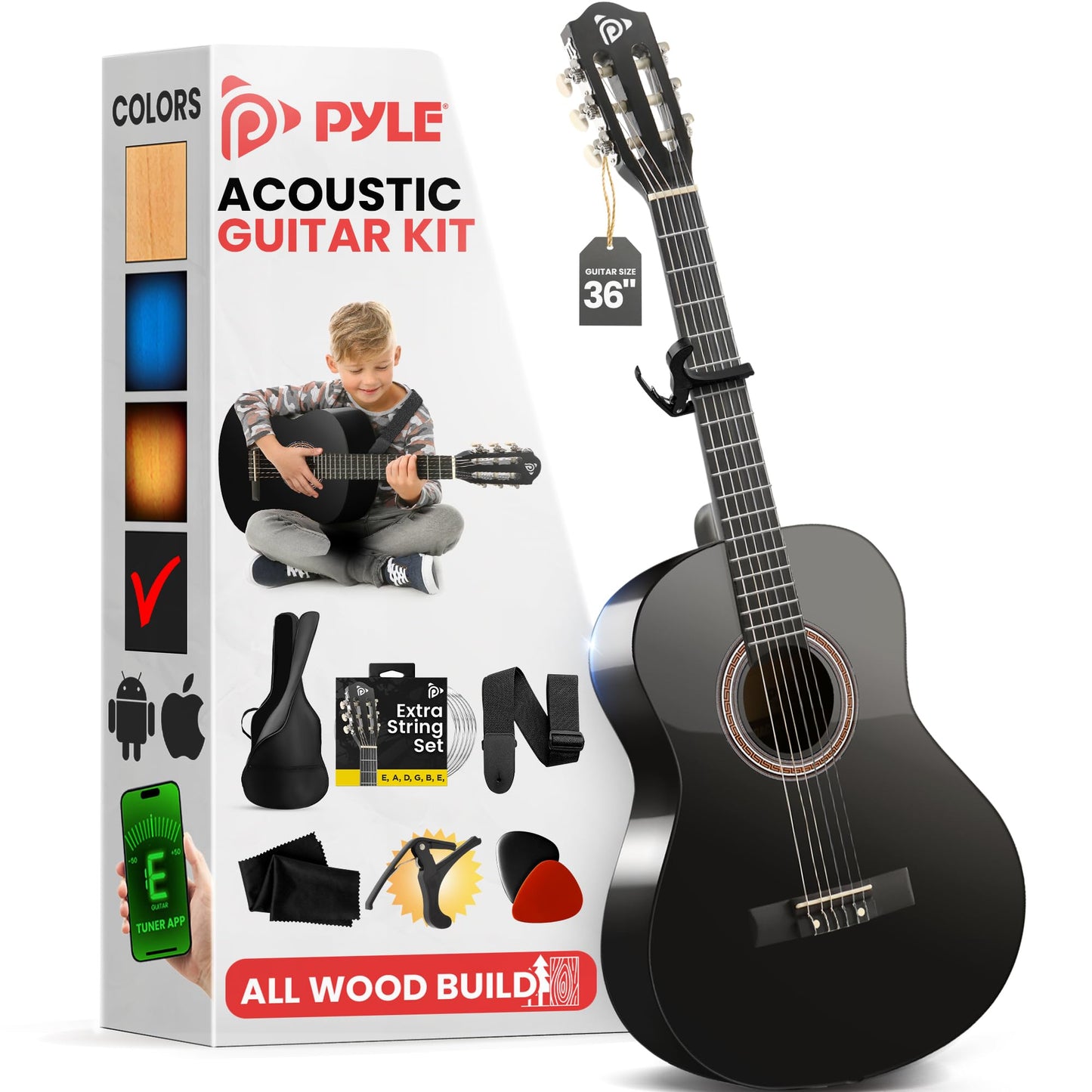 Pyle Left Handed Beginner Acoustic Guitar Kit, 1/4 Junior Size All Wood Build Nylon Stringed Instrument with Capo, Strap, Extra String Set, Gig Bag, Guitars for Beginners Adults Youth, 30" Natural