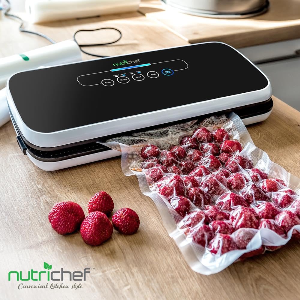 NutriChef Automatic Vacuum Air Sealing System for Food Preservation with Starter Kit, Compact Design, Lab Tested, Dry &amp; Moist Food Modes with Led Indicator Lights, Black