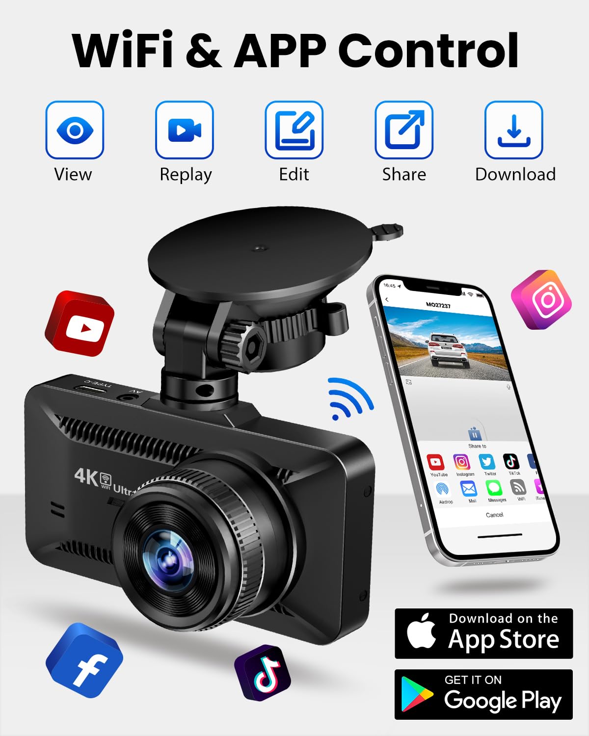 Dash Cam Front and Rear 4K/1080P, Dash Camera for Cars Build in WiFi, Full HD Dash Cam with APP Control, 3.94'' IPS Screen Dash Camera with 32GB SD Card, G-Sensor, 24Hr Parking Mote, Loop Recording