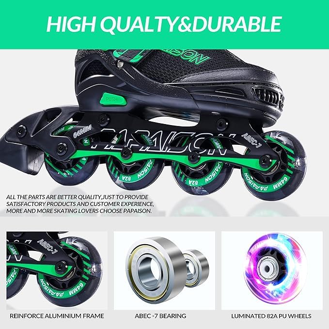 PAPAISON Adjustable Inline Skates for Kids and Adults with Full Light Up Wheels, Outdoor Roller Skates for Girls and Boys, Men and Women