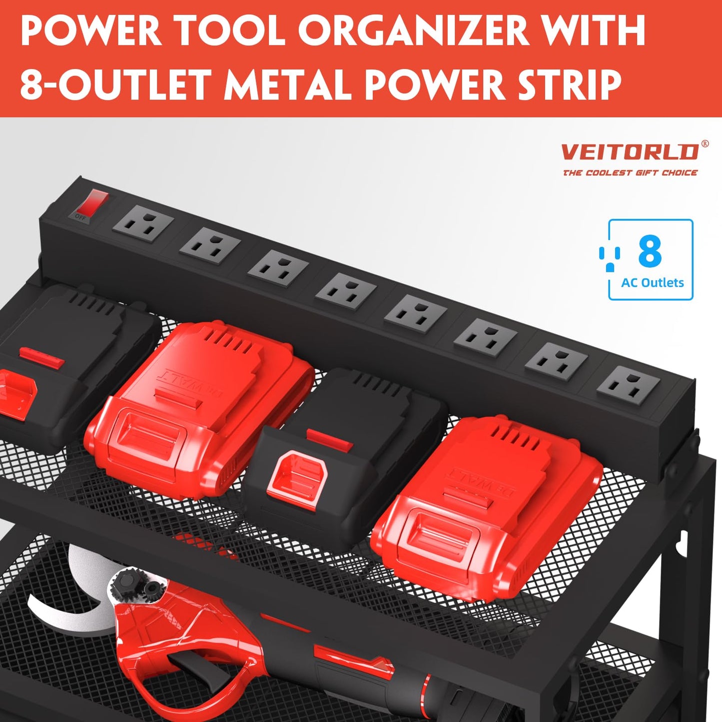 Veitorld Power Tool Organizer with Charging Station, Garage Tool Storage Organizer Built in 8 Outlet Power Strip with Drawers, 6 Drill Holder Wall Mount, Gifts for Men Dad Husband Him Fathers Day