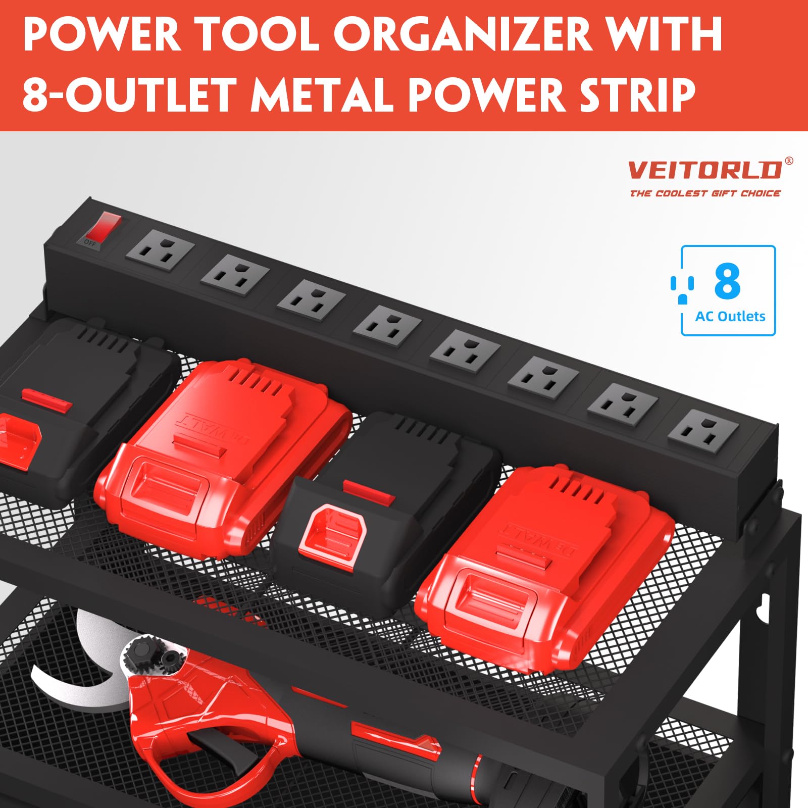 Veitorld Power Tool Organizer with Charging Station, Garage Tool Storage Organizer Built in 8 Outlet Power Strip with Drawers, 6 Drill Holder Wall Mount, Gifts for Men Dad Husband Him Fathers Day