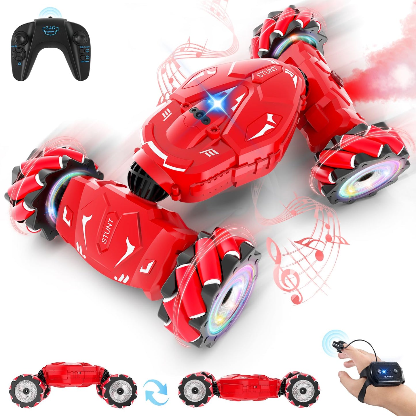 Pristar RC Car Toys for Boys Girls 6-12, Gesture Sensing RC Stunt Car 2.4Ghz 4WD Remote Control Car with Lights Music Double Sided Flip 360° Rotate Off-Road, Birthday Xmas Gifts for Kids Aged 6-12