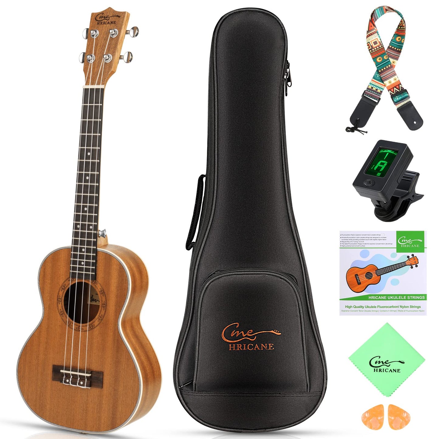 Hricane Ukulele, Concert Ukulele Koa 23 Inch Professional Ukulele Kit for Adults &amp; Beginners with Gig Bag, Strap, Nylon String, Tuner, Guitar Picks, Cleaning Cloth