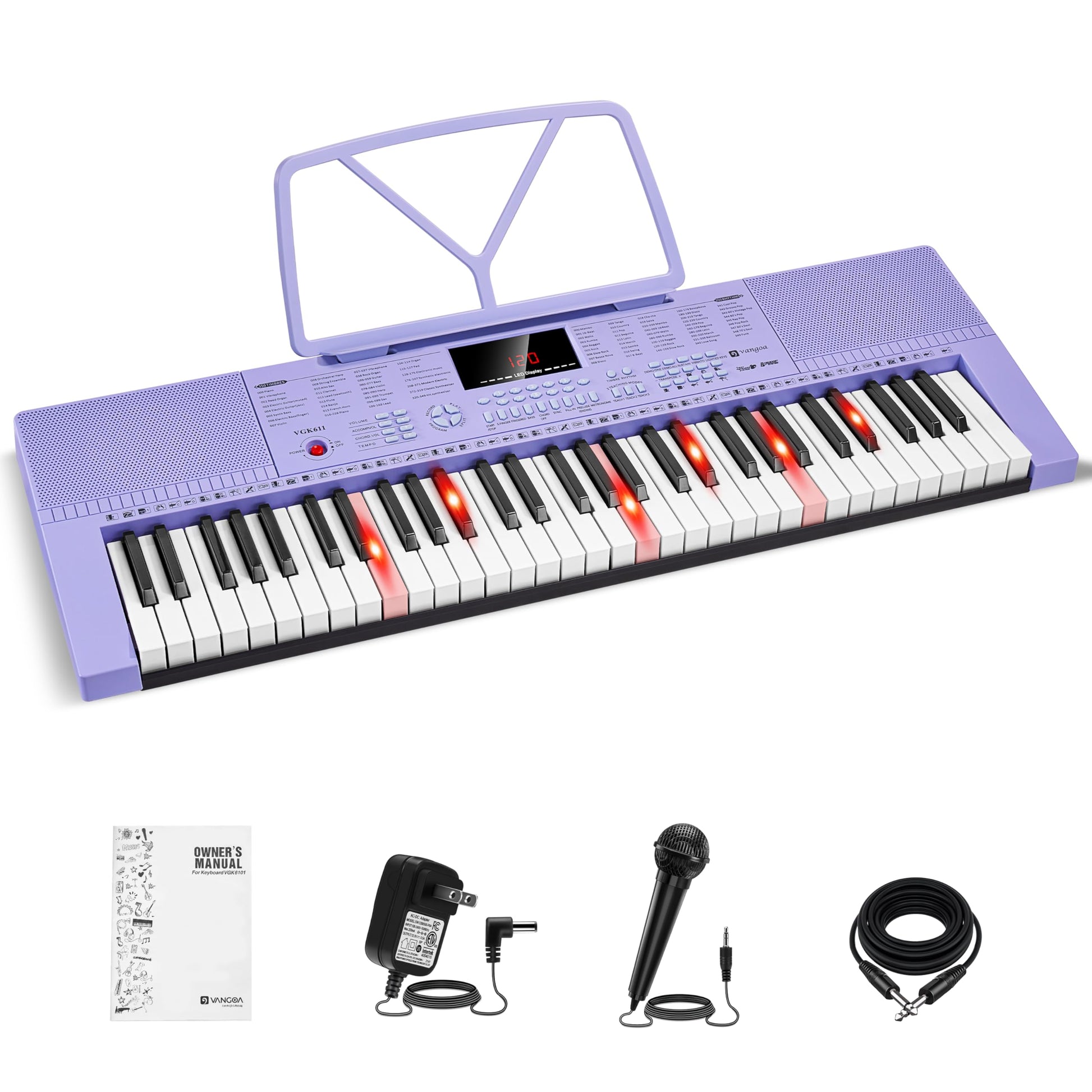 Vangoa 61-Key Light-Up Keyboard Piano for Beginners, 350 Tones &amp; Timbres, 3 Teaching Modes, With Microphone, Black