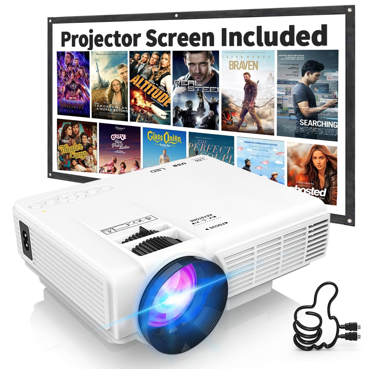 Projector with Two-way Bluetooth, Mini Projector with Projector Screen, Full HD 1080P Portable Video Projector, Home Movie Projector Compatible with HDMI/USB/Smartphone