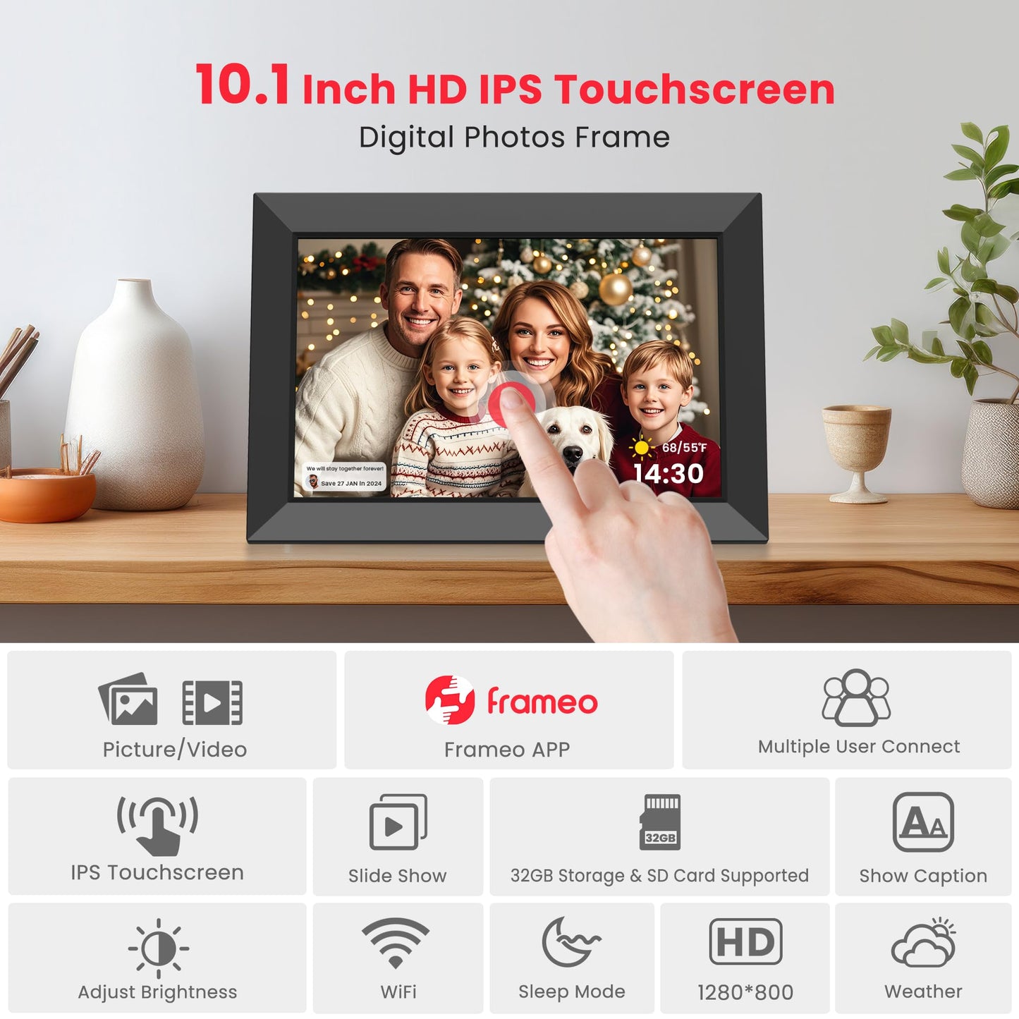 Frameo 10.1 Inch Digital Picture Frame, Smart WiFi Electronic Photo Frame with HD IPS Touch Screen Slideshow Display 32GB Memory Auto-Rotate Wall Mount, Share Photos/Videos from Phone by Frameo App