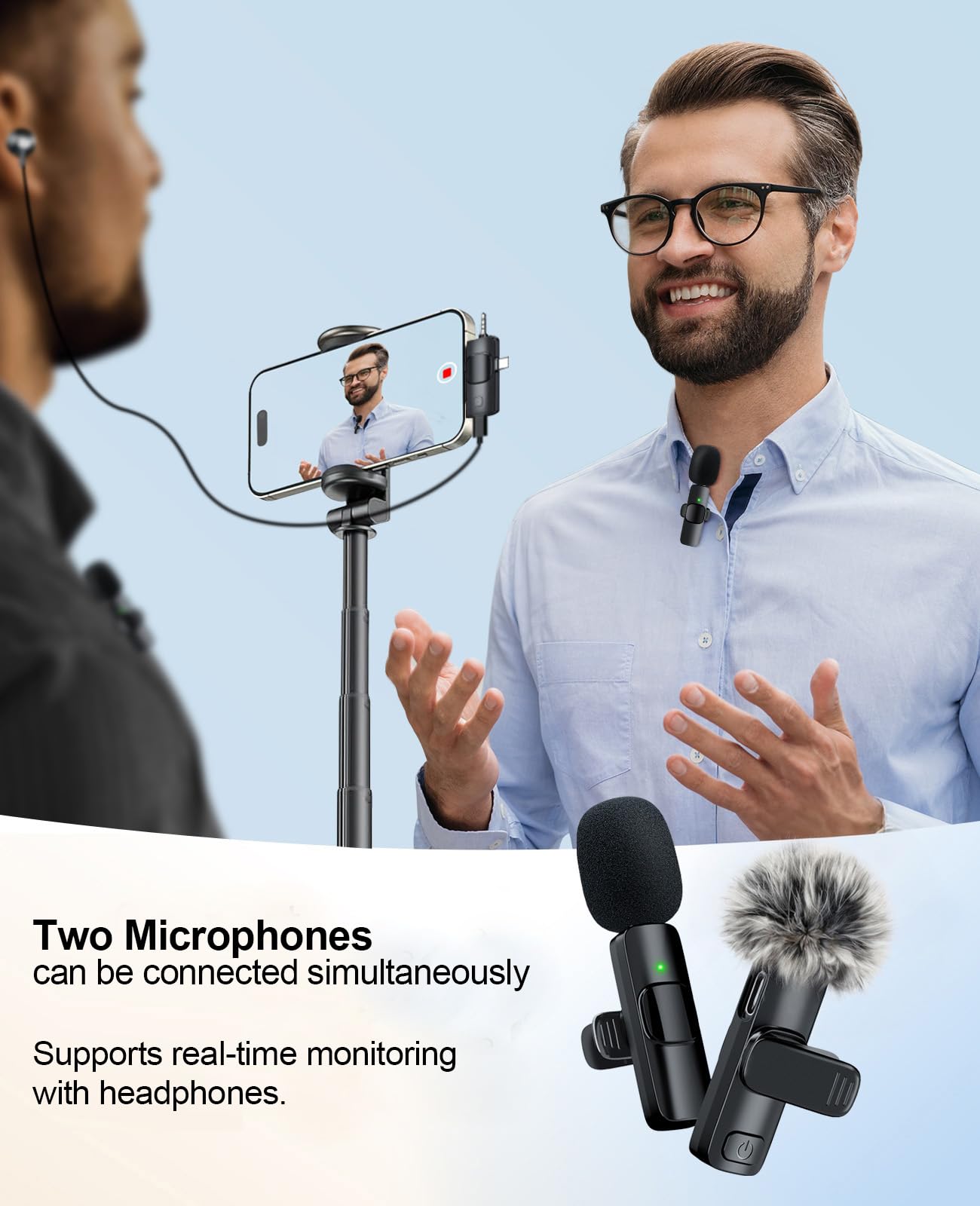 Mini Microphone, 3 in 1 Wireless Lavalier Microphones for iPhone, iPad, Camera and Android Devices, Noise Reduction Lapel Mic, Clip on Mic for Video Recording Vlog, YouTube, Interview