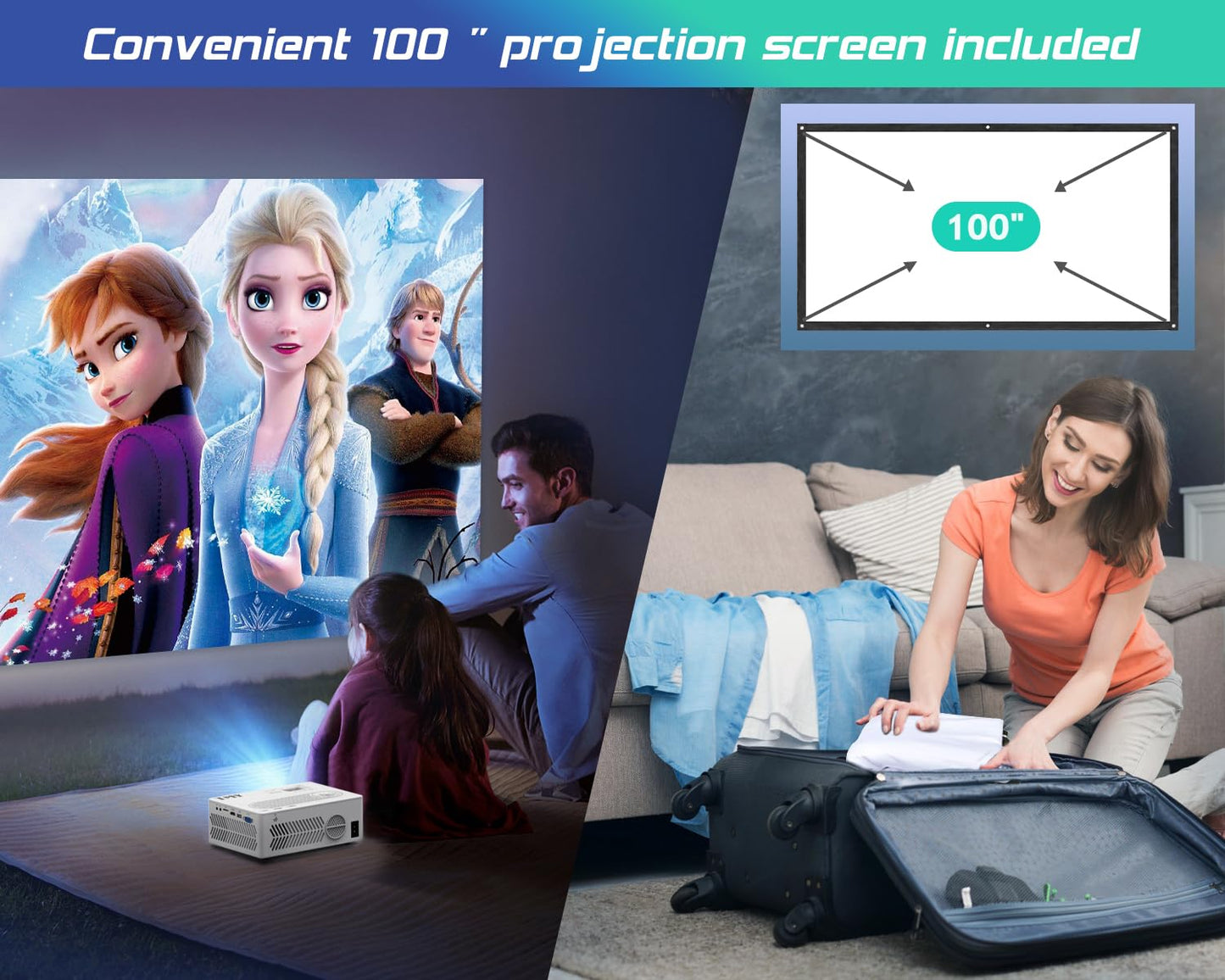 TMY Projector with WiFi and Bluetooth【100" screen included】Native 1080P Outdoor Projector, 4K Supported Portable Projector, Compatible with iOS/Android/PC/TV Stick/HDMI/USB, Indoor Outdoor Use