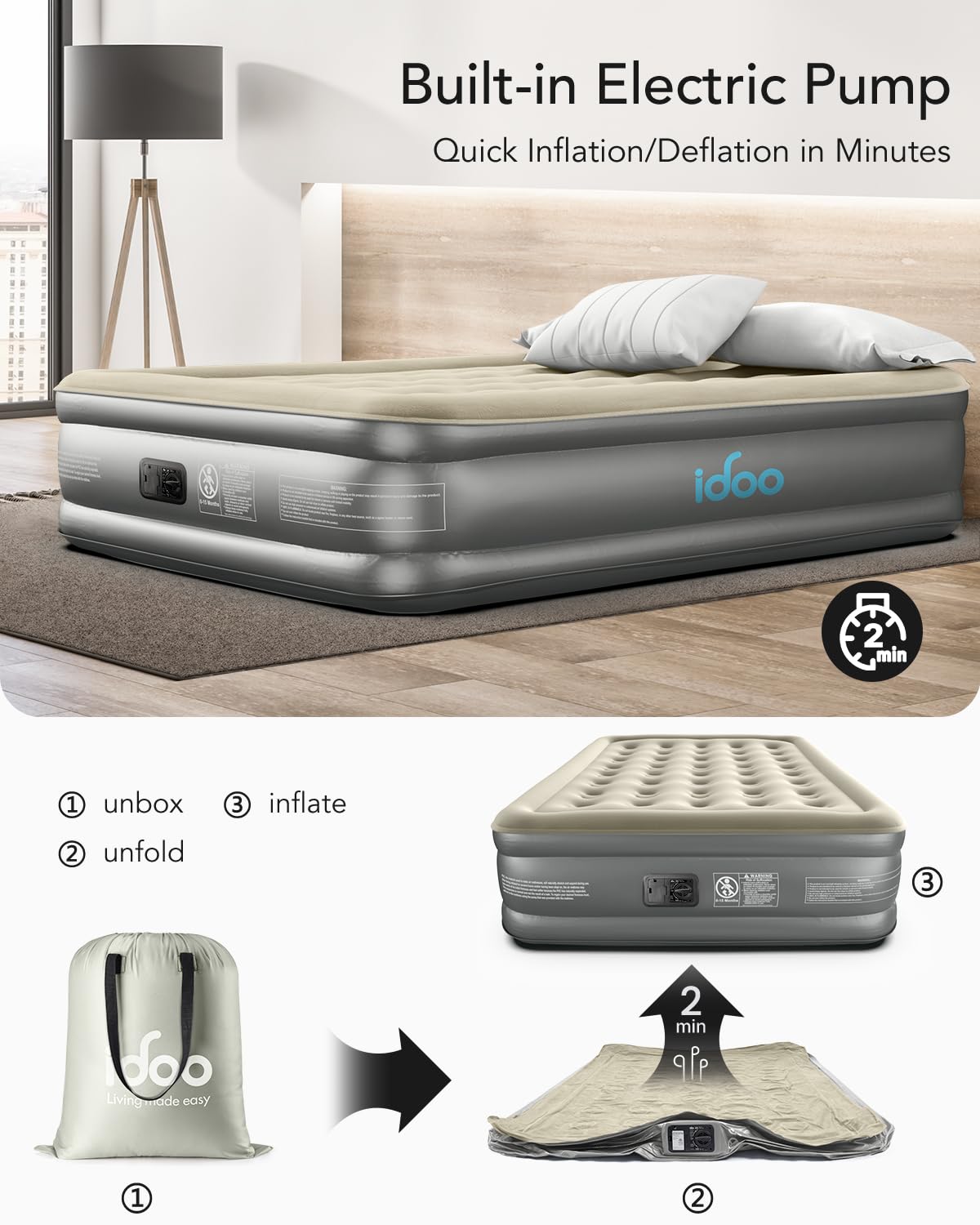 iDOO Queen Air Mattress with Built in Pump, 18 Raised Comfort Blow up Mattress, Upgraded Four Chamber Airbed, Inflatable Mattress for Guests and Home, colchon inflable, Air Bed, 650 lbs Max