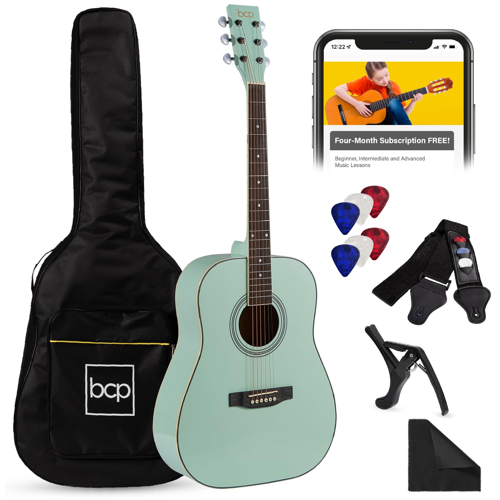 Best Choice Products 41in Full Size Beginner All Wood Acoustic Guitar Starter Set w/Gig Bag, Strap, Capo, Strings, Picks - Black