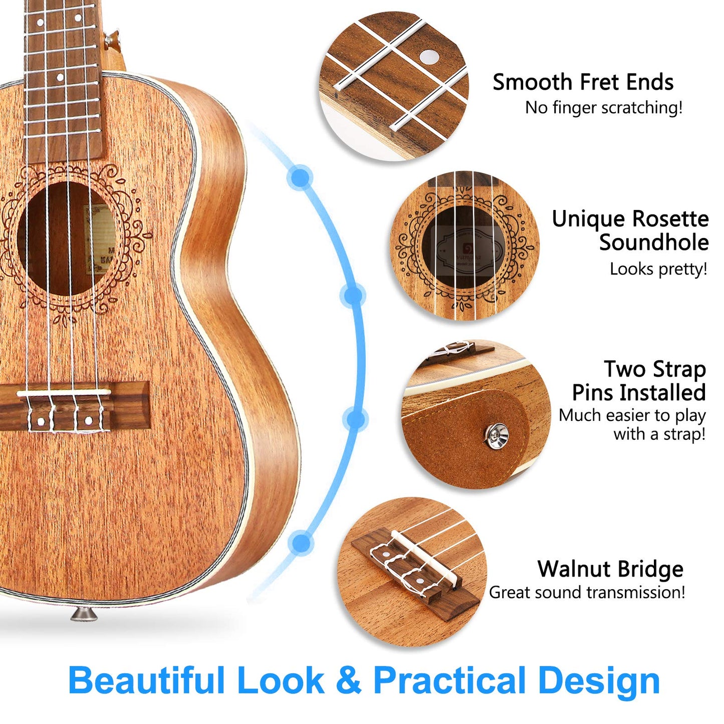 Ukulele Soprano Mahogany 21 Inch Professional Acoustic Ukelele Four String Wooden Hawaiian Uke Beginner Kit for Kids Students Starter Kit, by Vangoa