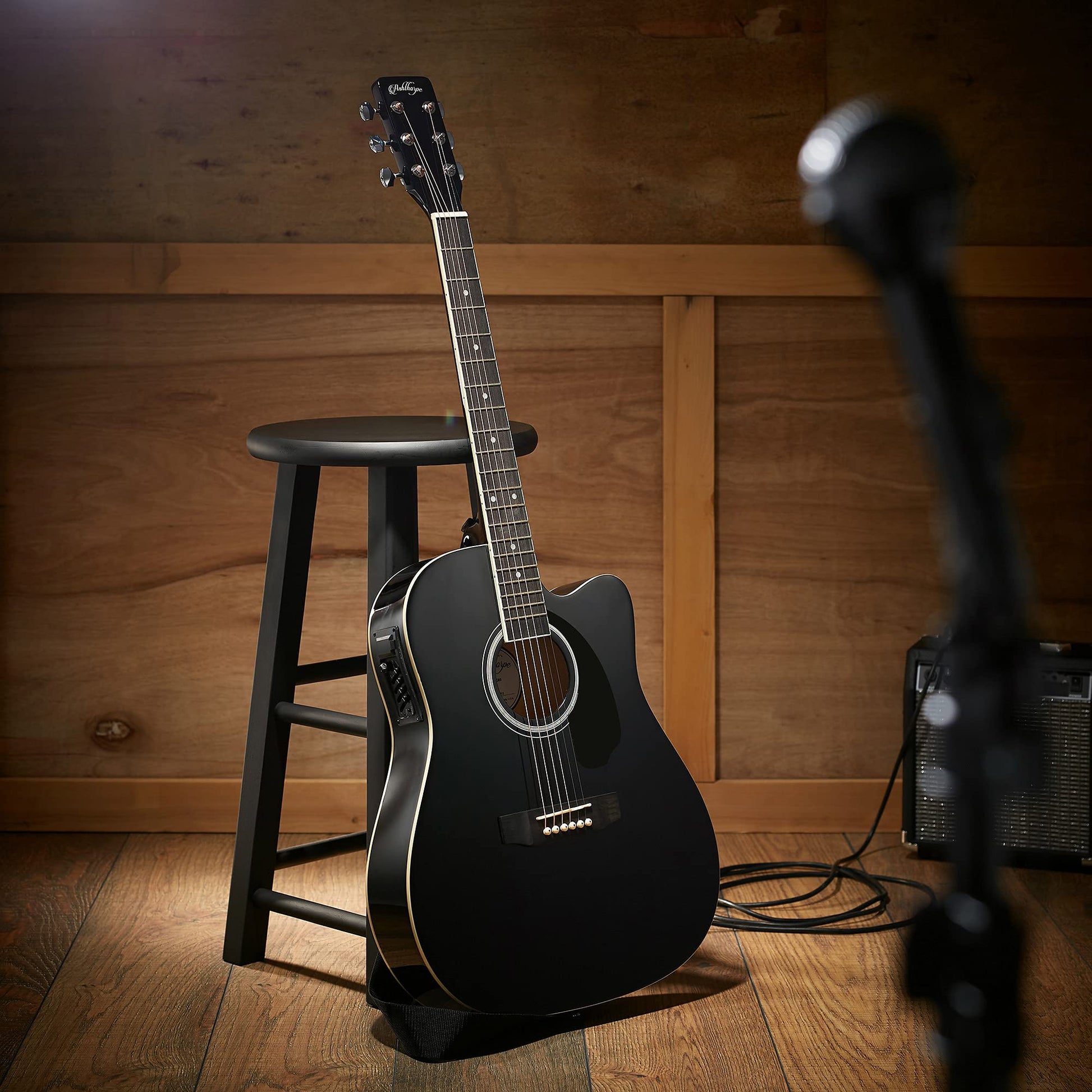 Ashthorpe Full-Size Cutaway Thinline Acoustic-Electric Guitar Package - Premium Tonewoods - Black