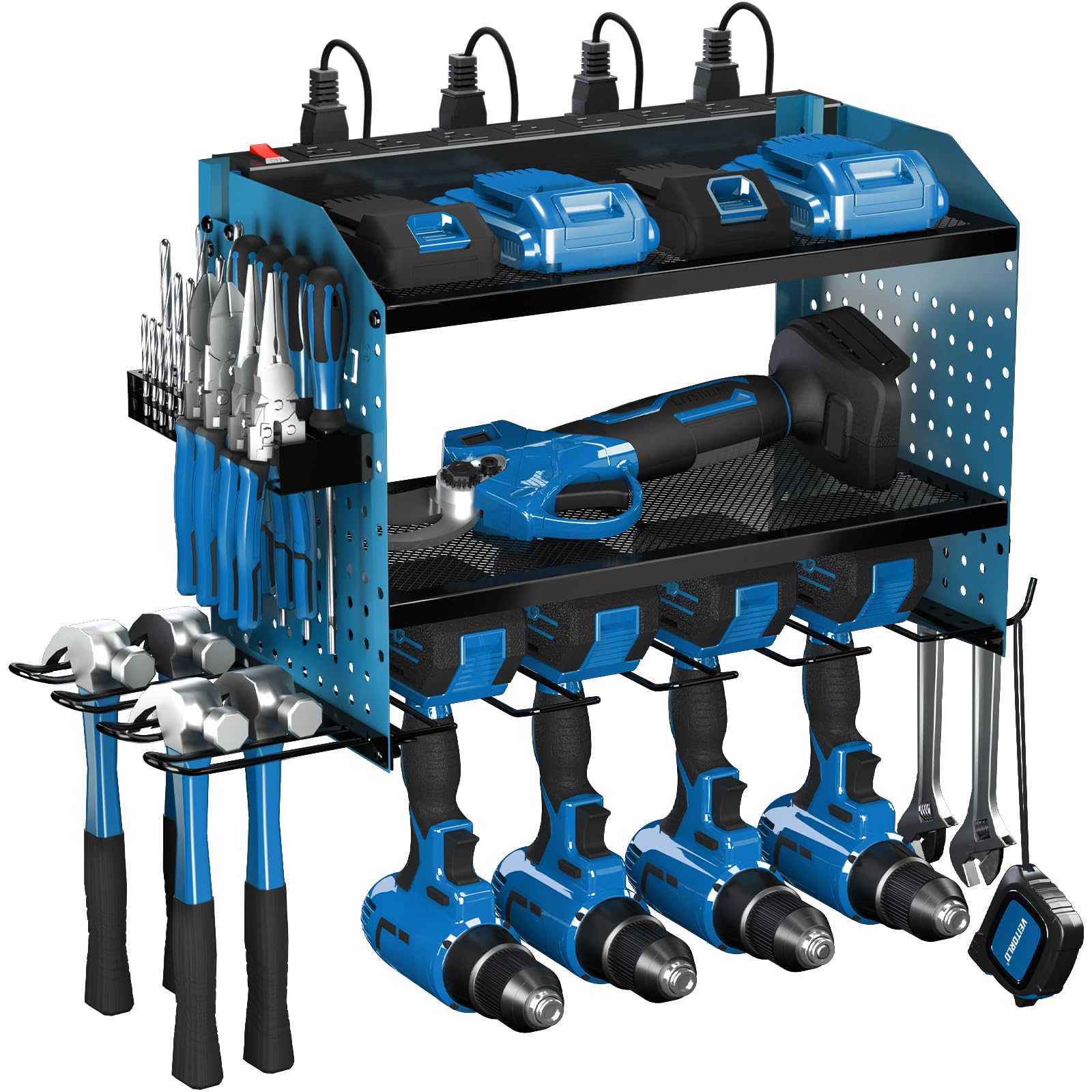 Veitorld Power Tool Organizer with Charging Station, Garage Tool Storage Organizer Built in 8 Outlet Power Strip with Drawers, 6 Drill Holder Wall Mount, Gifts for Men Dad Husband Him Fathers Day