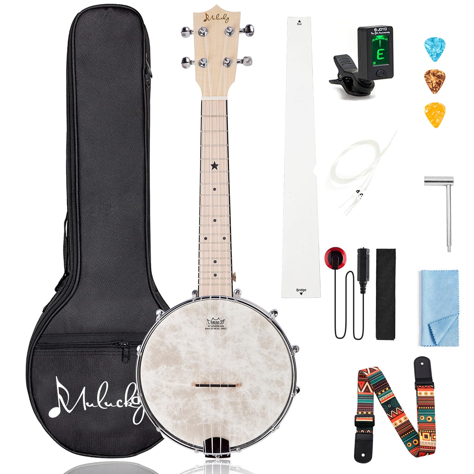 Mulucky 4-String Banjo Ukulele | 23" Sapele Wood with Remo Head &amp; Nylon Strings | Dark Brown Travel Kit (Bag, Tuner, Picks) - MBU-808