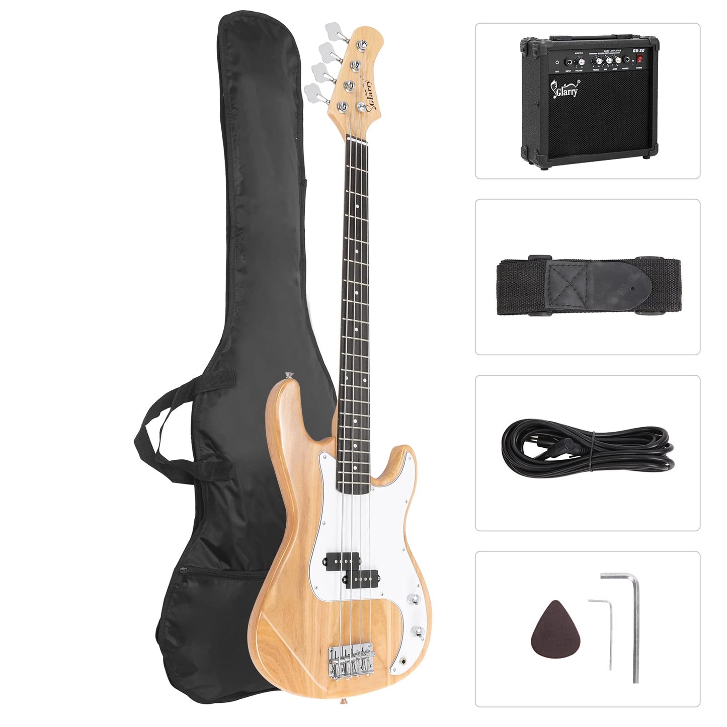 GLARRY Full Size Electric Bass Guitar Beginner Kit 4 String with AMP, Cable, Strap, Bag and Accessories (Black)