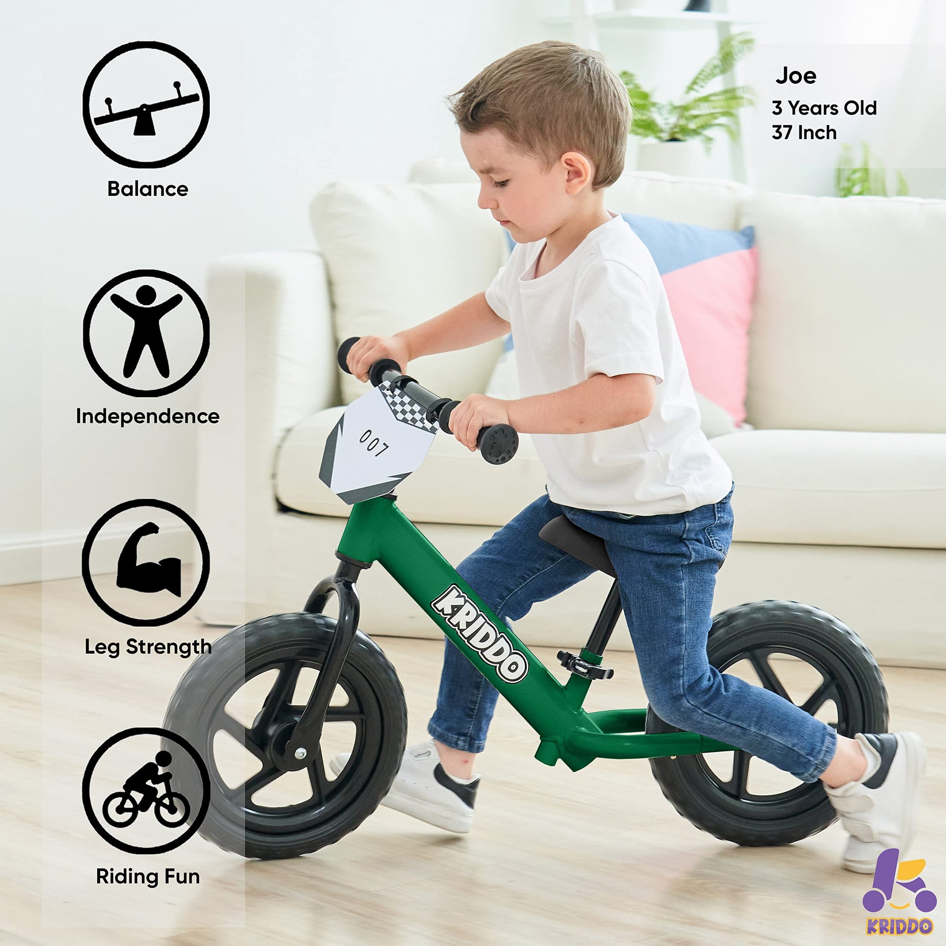 KRIDDO Toddler Balance Bike 2 Year Old, Age 24 Months to 5 Years Old, 12 Inch Push Bicycle with Customize Plate (3 Sets of Stickers Included), Steady Balancing, Gift Bike for 2-3 Boys Girls