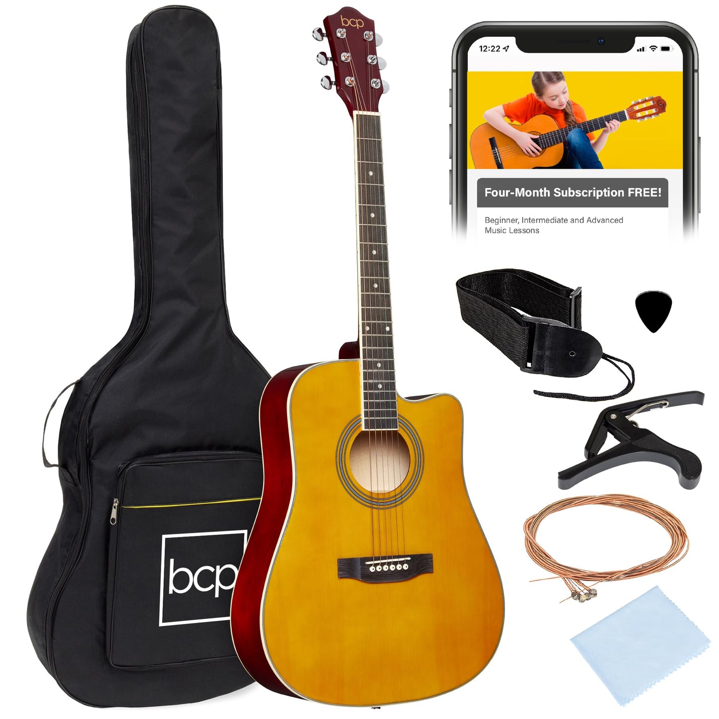 Best Choice Products 41in Beginner Acoustic Guitar Full Size All Wood Cutaway Guitar Starter Set w/Case, Strap, Capo, Strings, Picks - Aged Natural