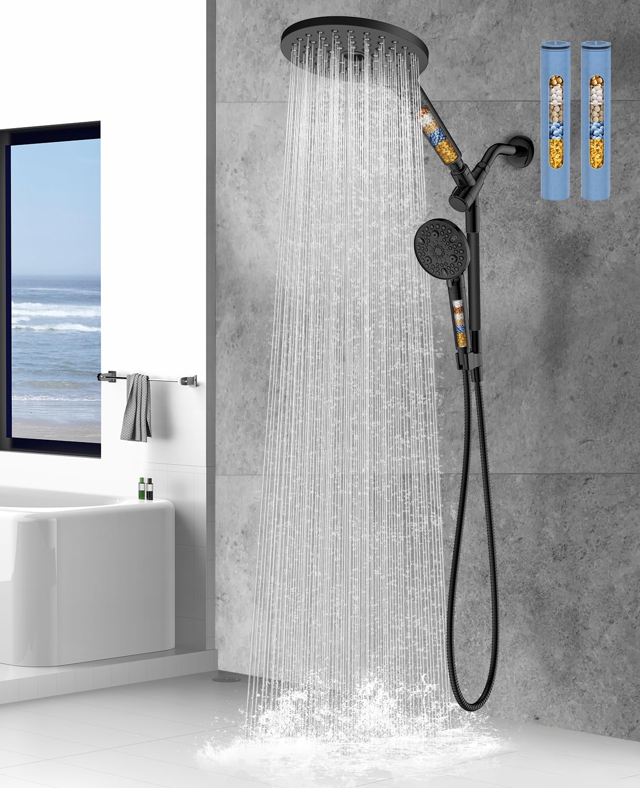 Dual Filtered Rain Shower Head Combo, High Pressure Handheld Shower Head with Adjustable Bar - Rainfall Shower Head And Showerhead with Filter for Hard Water - Removes Chlorine