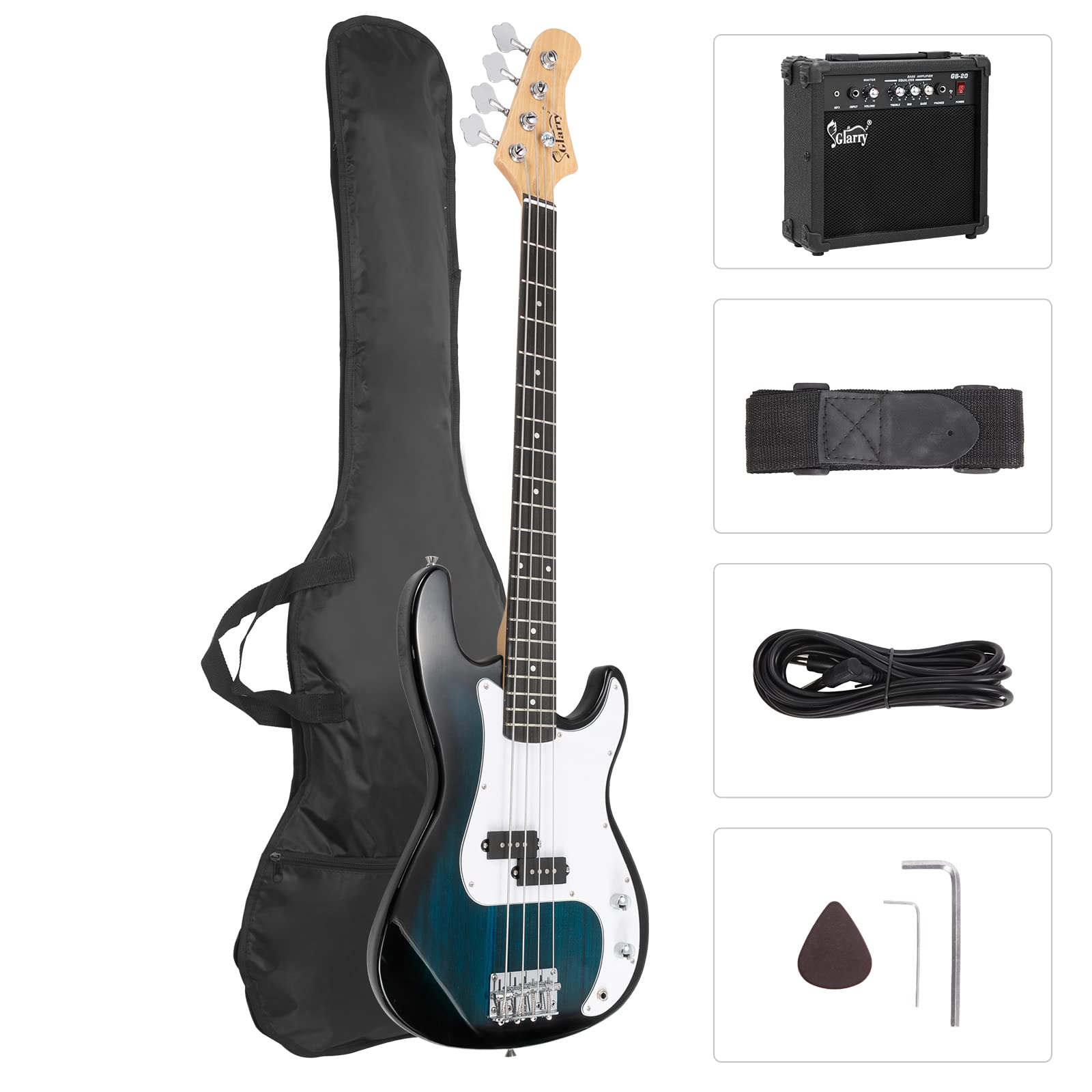 GLARRY Full Size Electric Bass Guitar Beginner Kit 4 String with AMP, Cable, Strap, Bag and Accessories (Black)