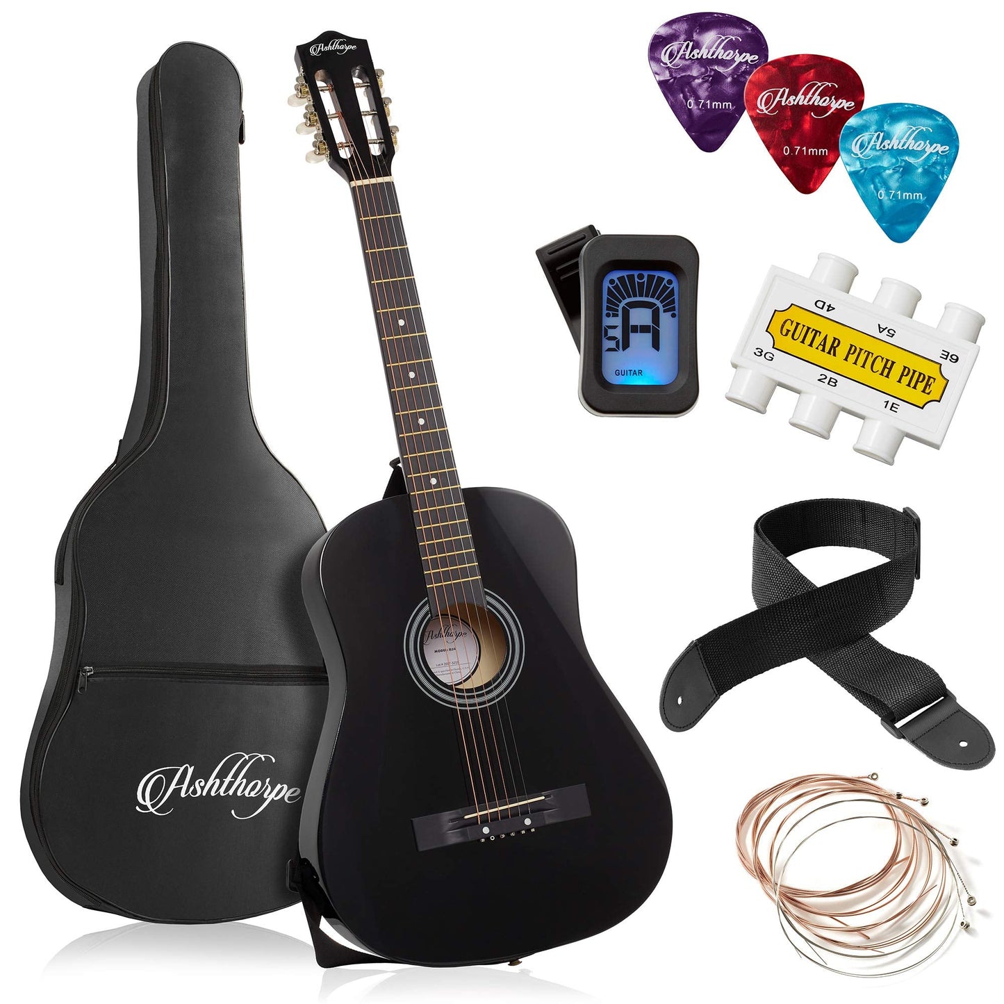 Ashthorpe 30-inch Beginner Acoustic Guitar Package (Black), Basic Starter Kit w/Gig Bag, Strings, Strap, Tuner, Picks