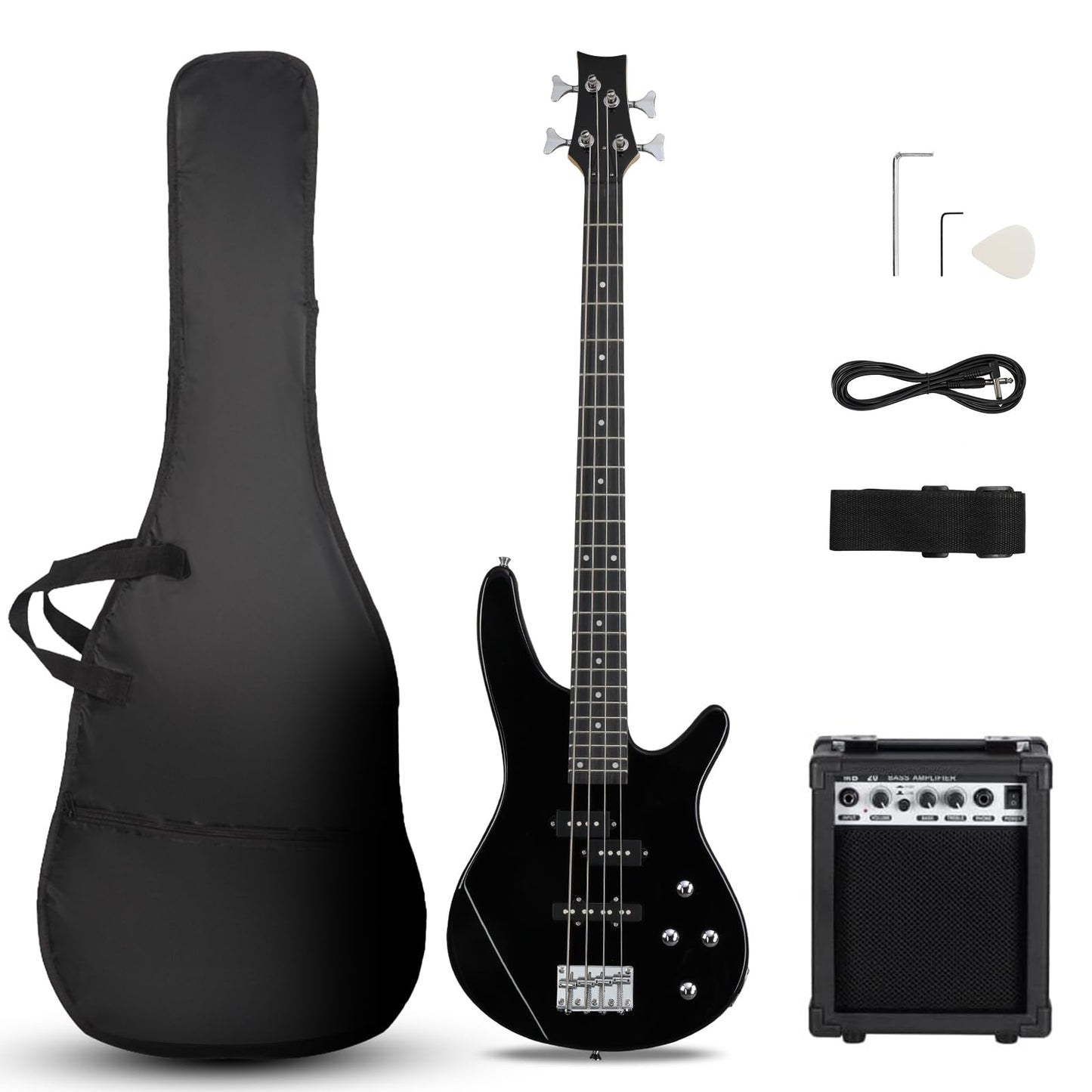 Ktaxon Electric Bass Guitar 4 String Bass Guitar with 20 Watt Amplifier, PJ Type Pickup, Naturally air-dried Maple Neck, Rosewood Fretboard, Basswood Body(Black)