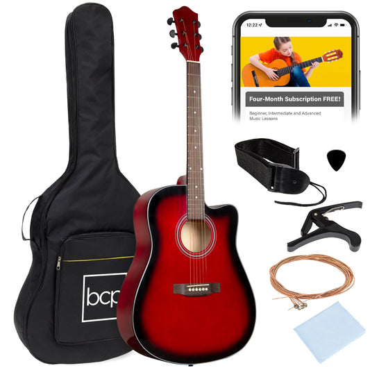 Best Choice Products 41in Beginner Acoustic Guitar Full Size All Wood Cutaway Guitar Starter Set w/Case, Strap, Capo, Strings, Picks - Aged Natural