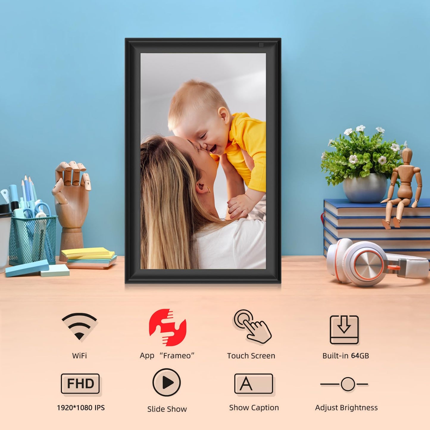 FRAMEO Digital Photo Frame WiFi 32GB 10.1 Inch 1280x800 IPS Touch Screen Digital Picture Frame Easy Setup Share Photo or Video via Frameo APP