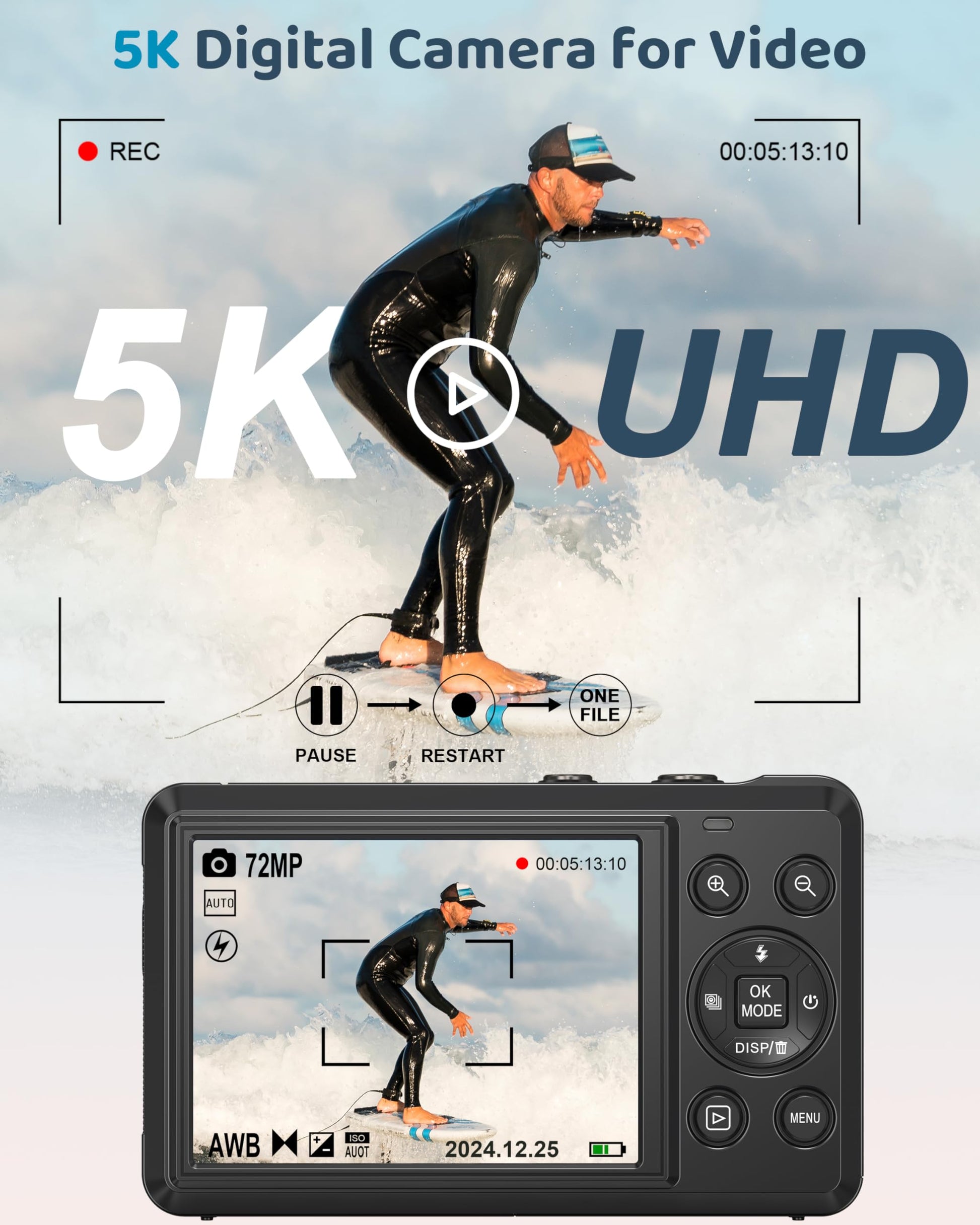 5K Digital Camera - 72MP UHD Digital Cameras for Photography - Autofocus Point and Shoot Small Camera with Flash for Kids - 2.8 Inch Screen Compact Portable Vlogging Camera with 16X Zoom, 32GB SD Card