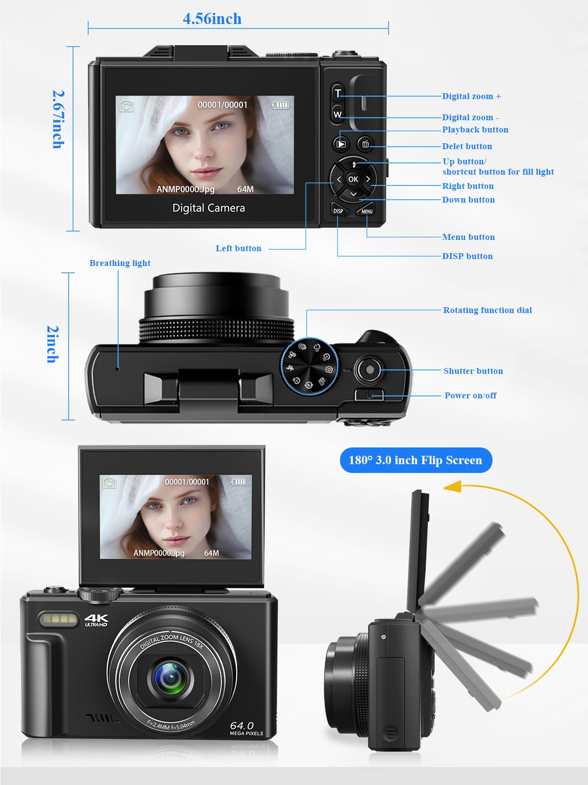 Digital Camera for Photography, WiFi 64MP 4K Vlogging Camera for YouTube, 3" 180° Flip Screen 18X Digital Zoom Compact Vlog Travel Camera with 32GB TF Card &amp; 2 Batteries, Black