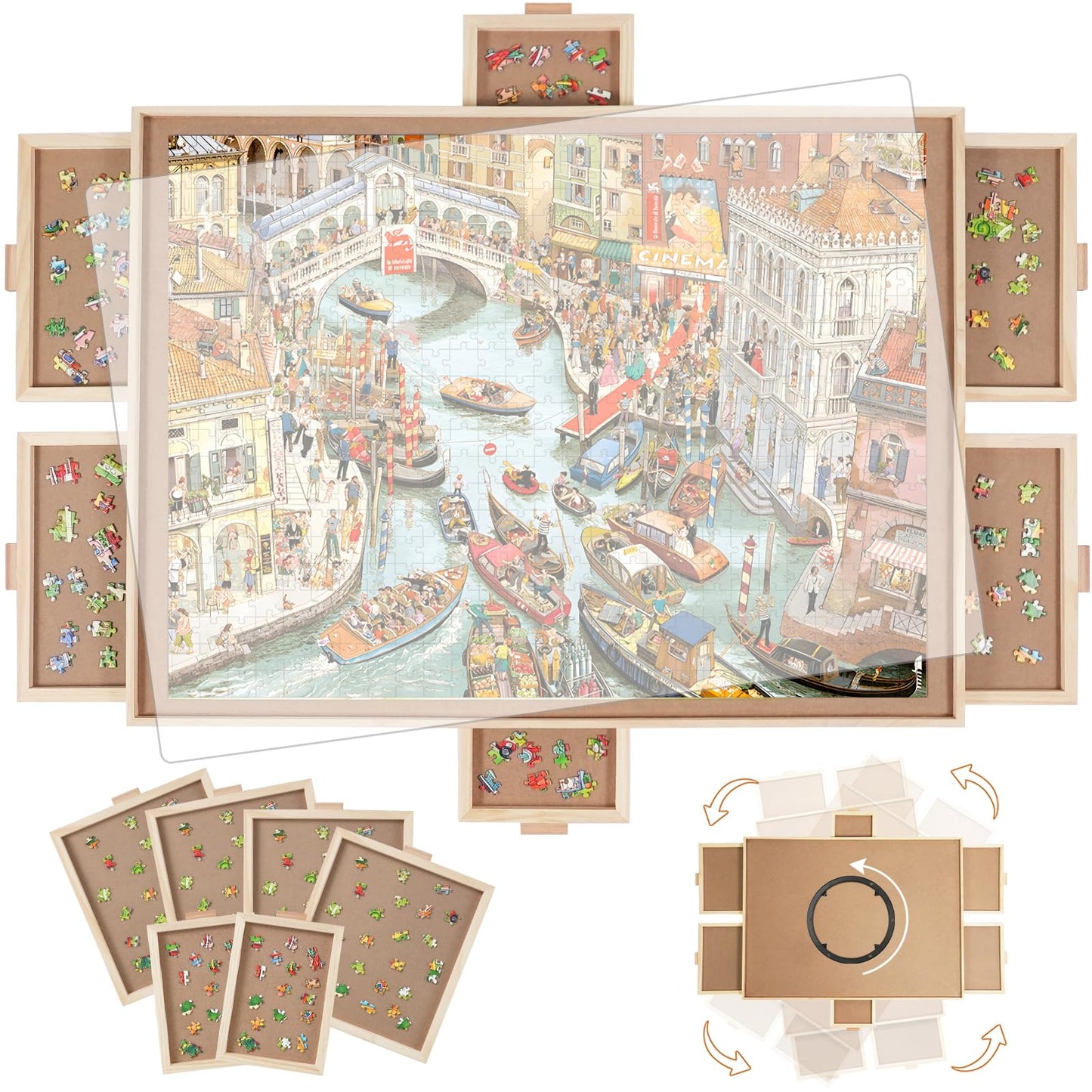 1000 Pieces Rotating Puzzle Board with 6 Drawers,30.9"x23.2" Portable Wooden Jigsaw Puzzle Table with Lazy Susan Spinning Cover