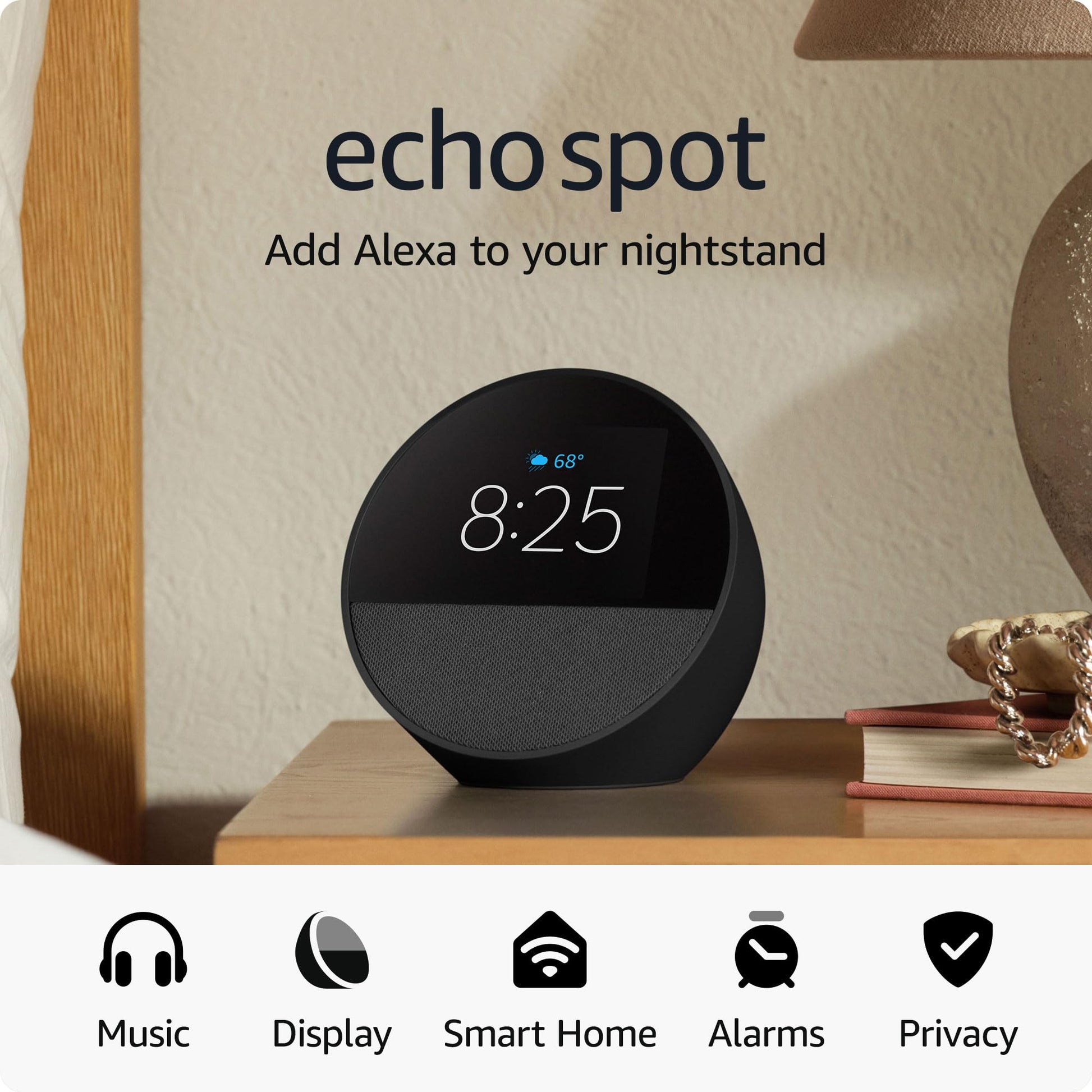 Amazon Echo Spot (newest model), Great for nightstands, offices and kitchens, Smart alarm clock with Alexa, Black