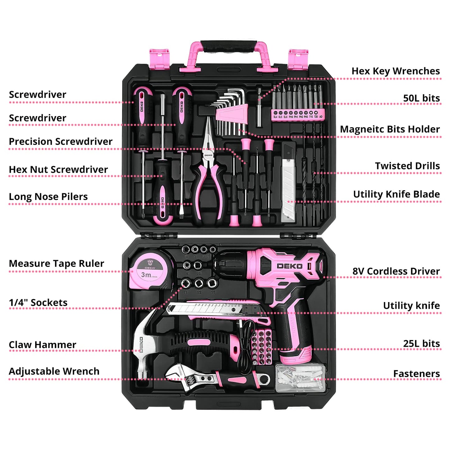 DEKOPRO Drill Set: Tool Set with 8V Red Cordless Drill, Home Tool Kit with Drill, Hand Tool Kits for Women 126 Piece