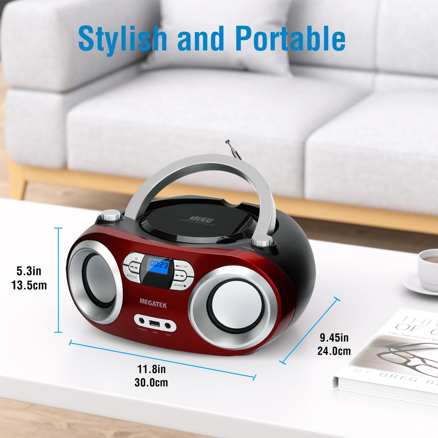 MEGATEK Portable CD Boombox with FM Stereo Radio, Bluetooth, USB Port, and Backlit LCD Display | CD-R/CD-RW/MP3-CD Compatible | AUX Input | Headphone Jack | Programmable CD Player - Black