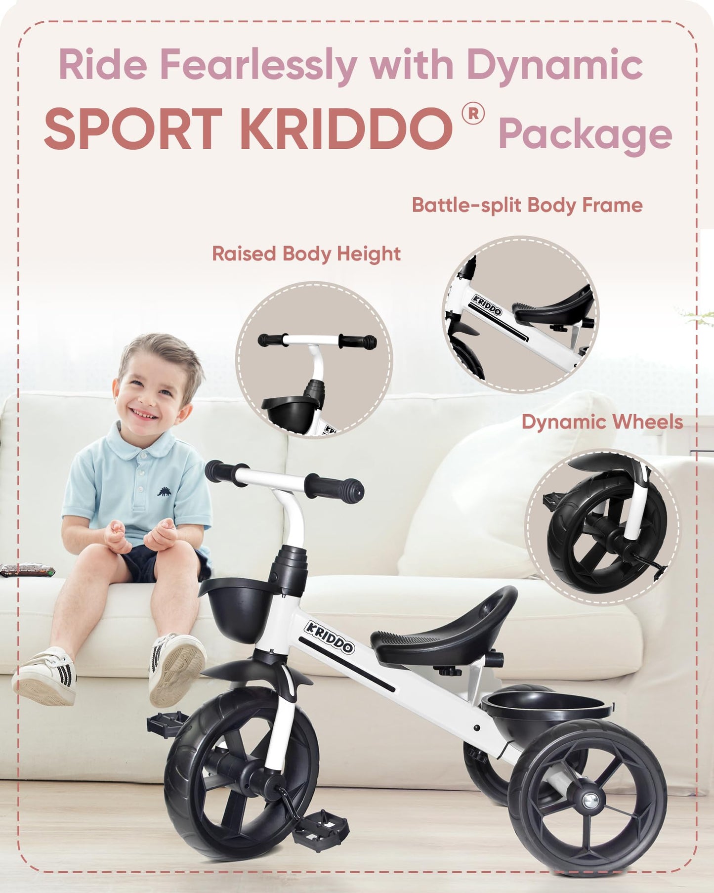 KRIDDO Kids Tricycle for 2-5 Year Olds - Gift for Toddlers - Black